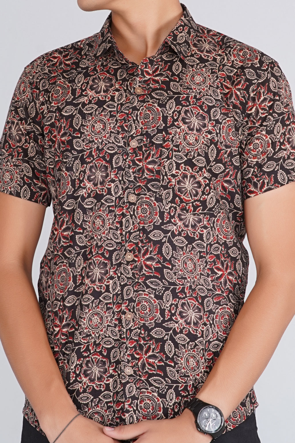 Ajrakh Jaal Half Sleevs Black Shirt