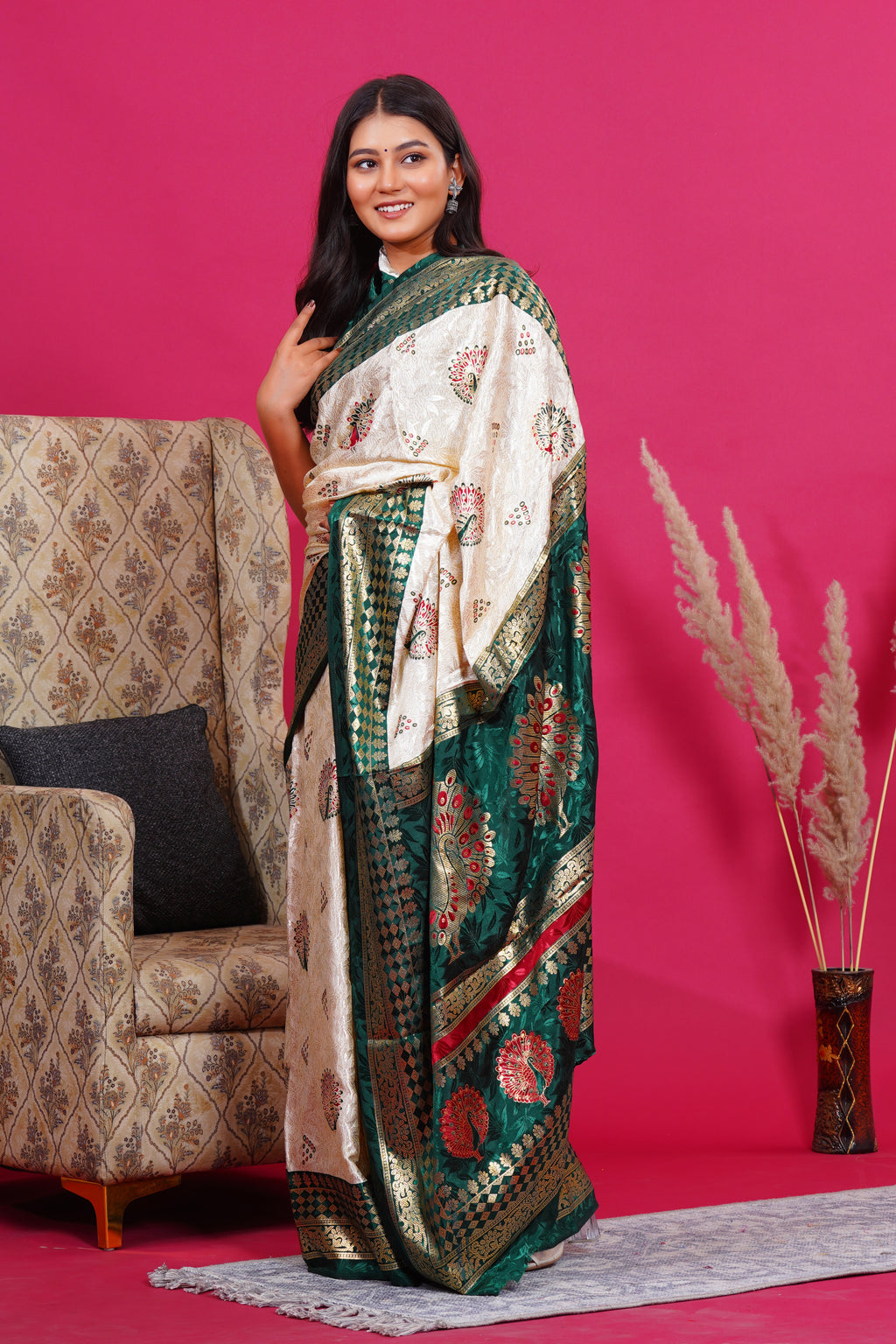 Dark Green Golden Peacock Silk Saree