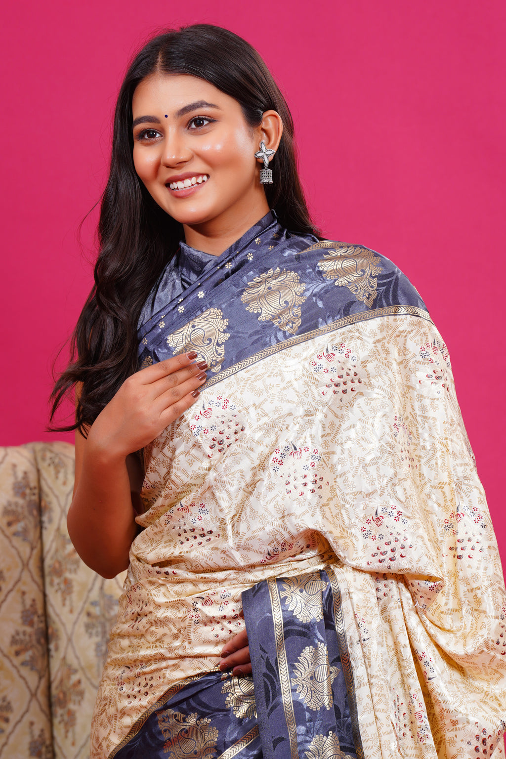 Grey Golden Kalash Peacock Silk Saree