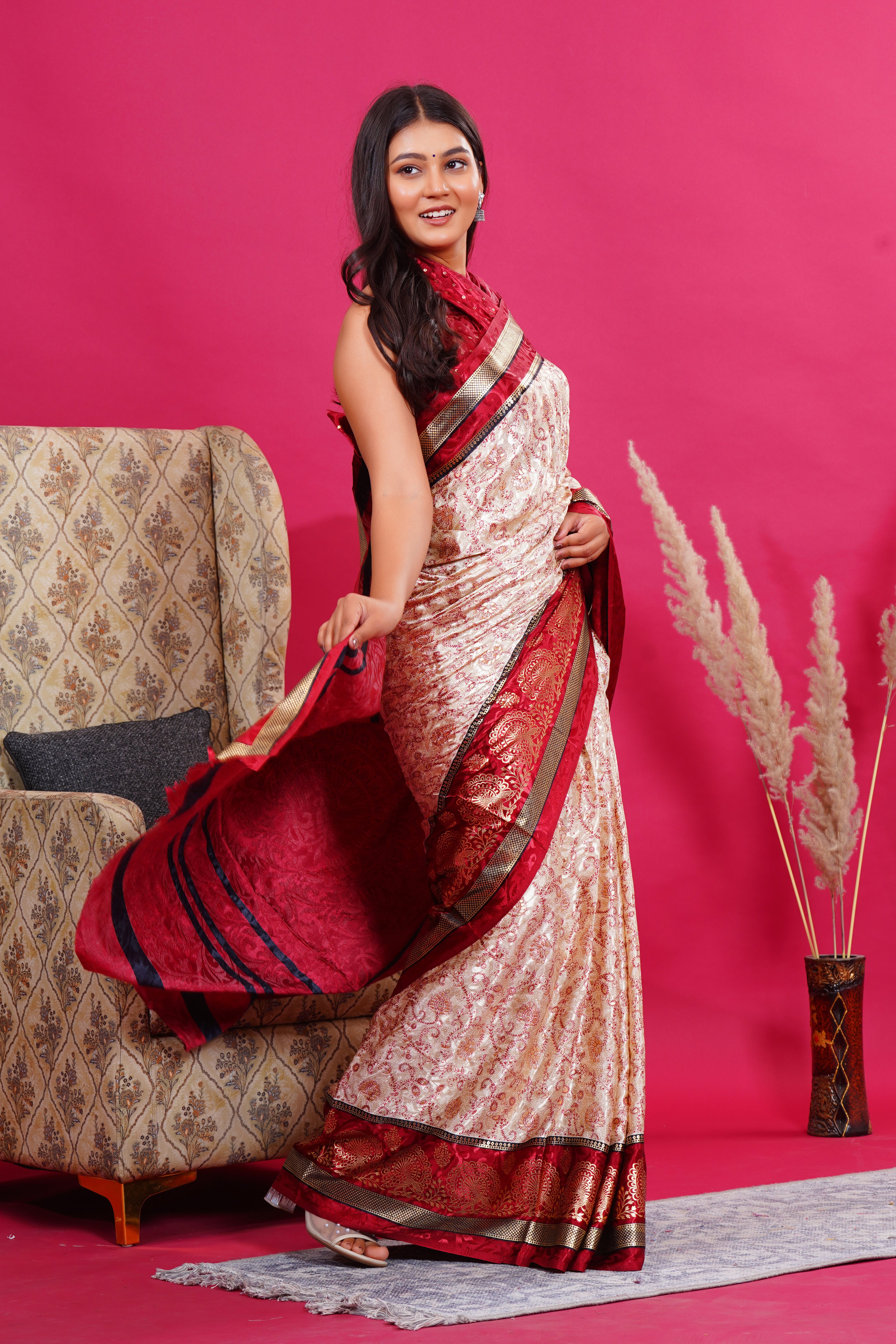 Maroon Golden Flower Peacock Silk Saree