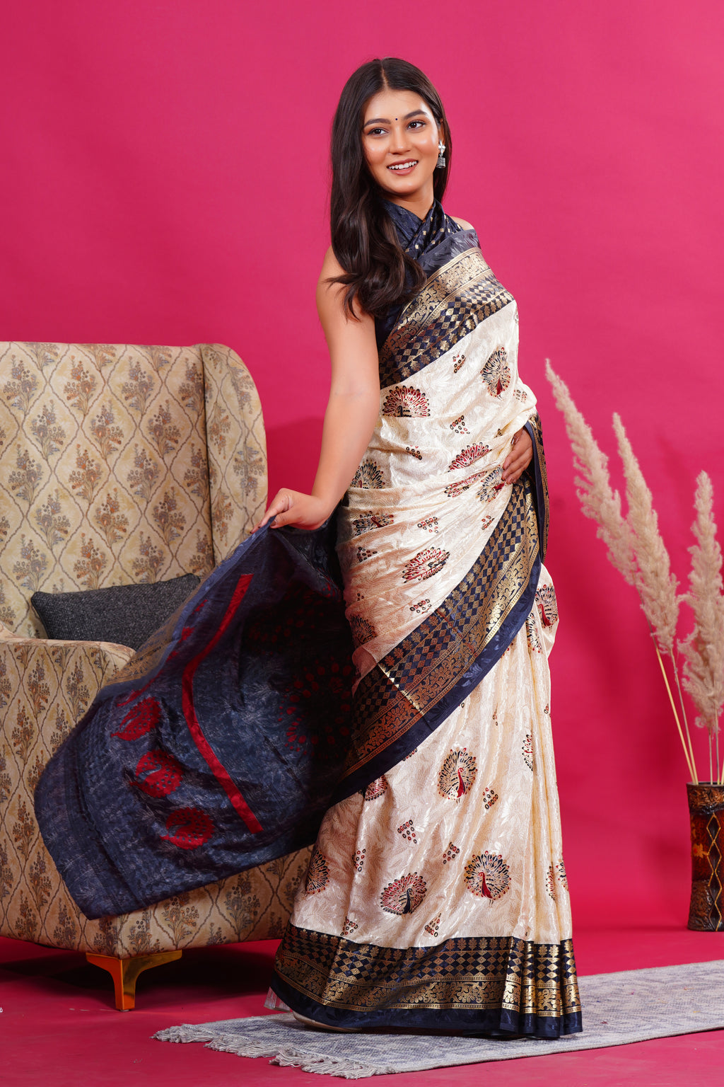 Black Golden Peacock Saree