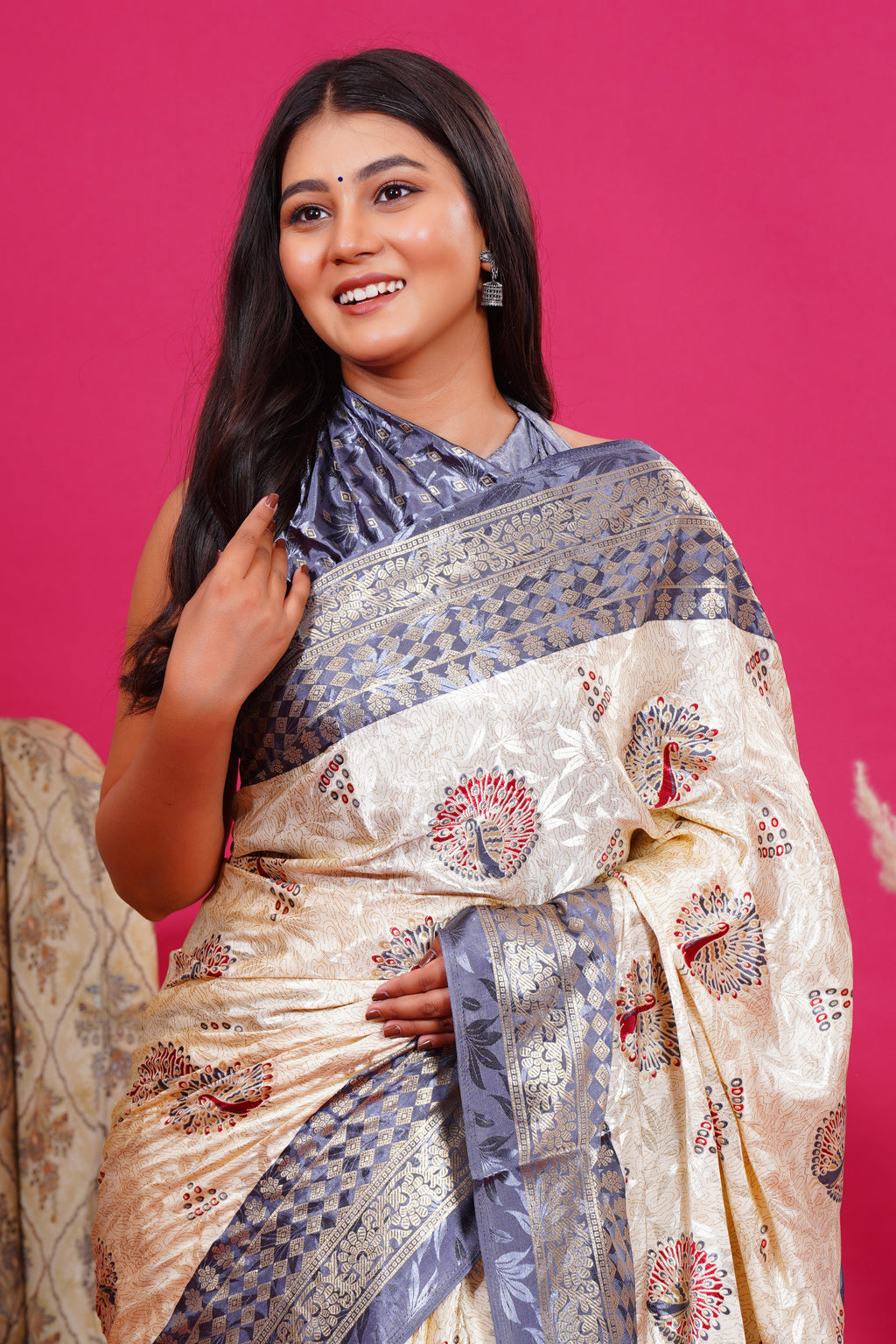 Grey Golden Peacock Silk Saree