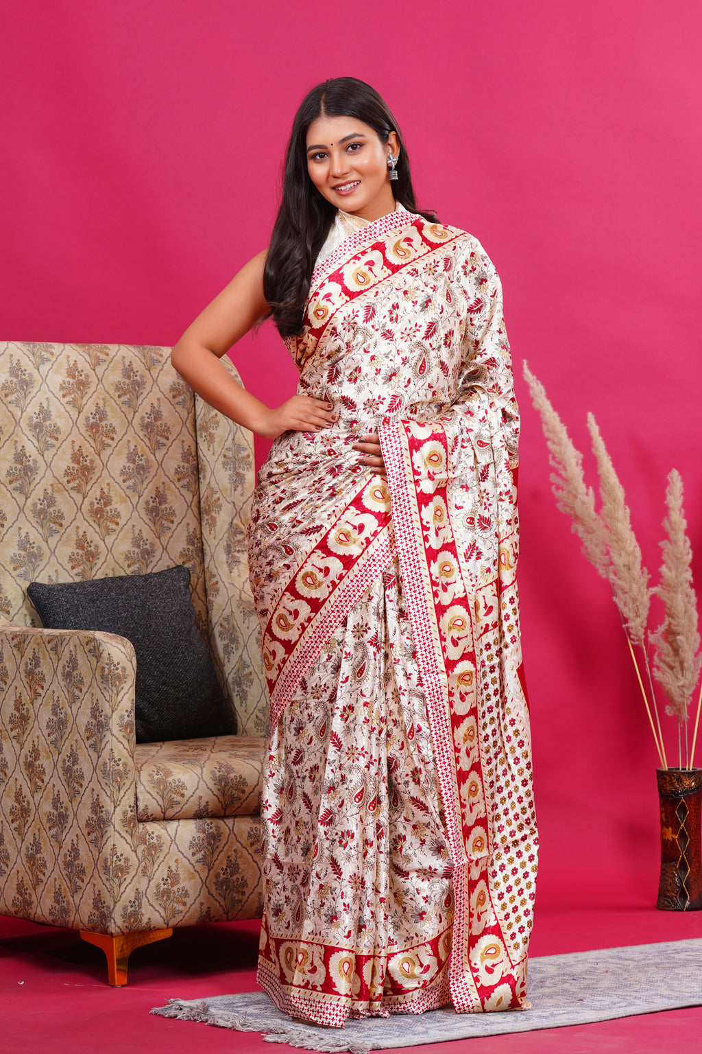 Maroon Golden Floral Peacock Silk Saree