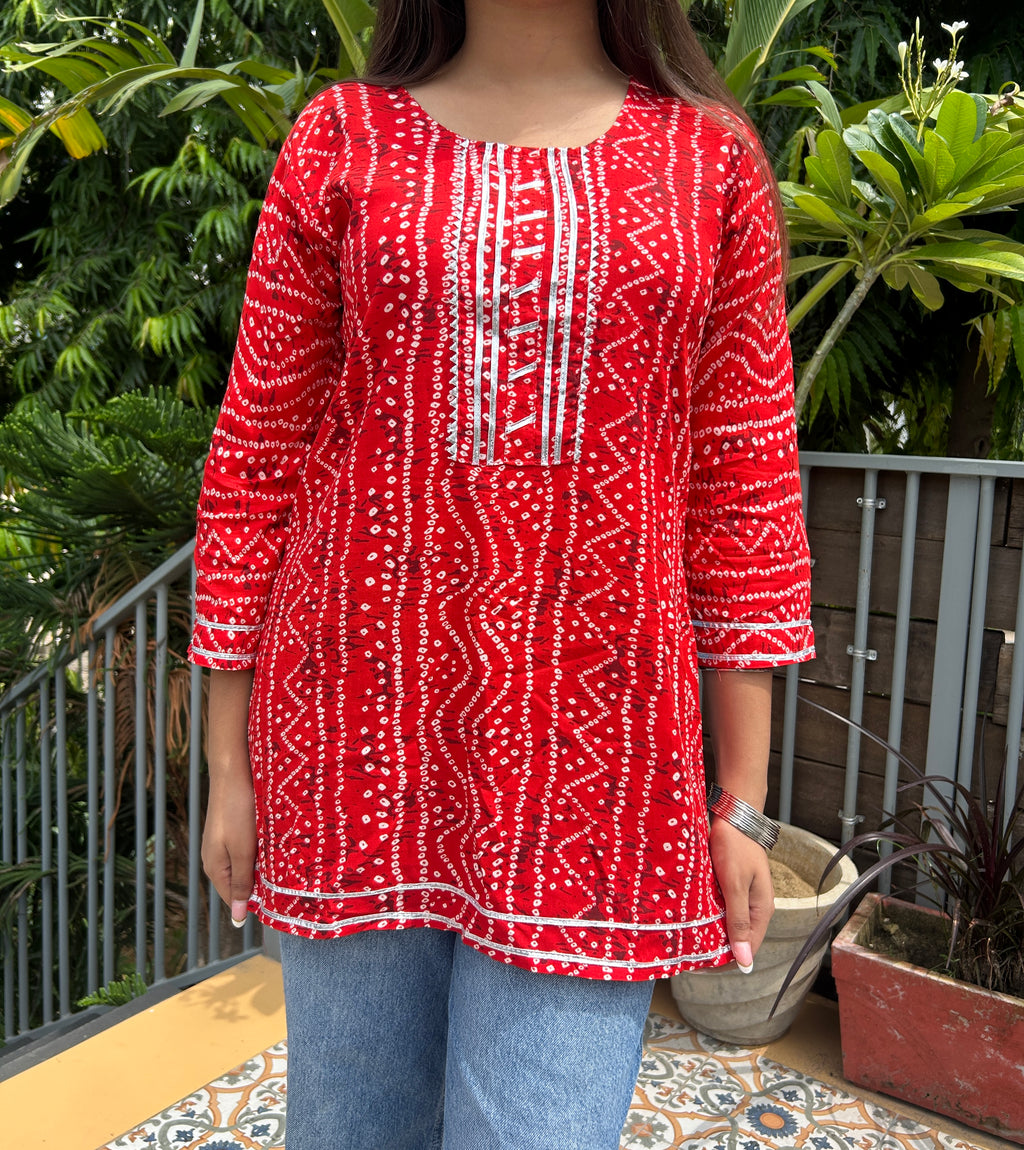 Red Bandhej Noorani Kurti