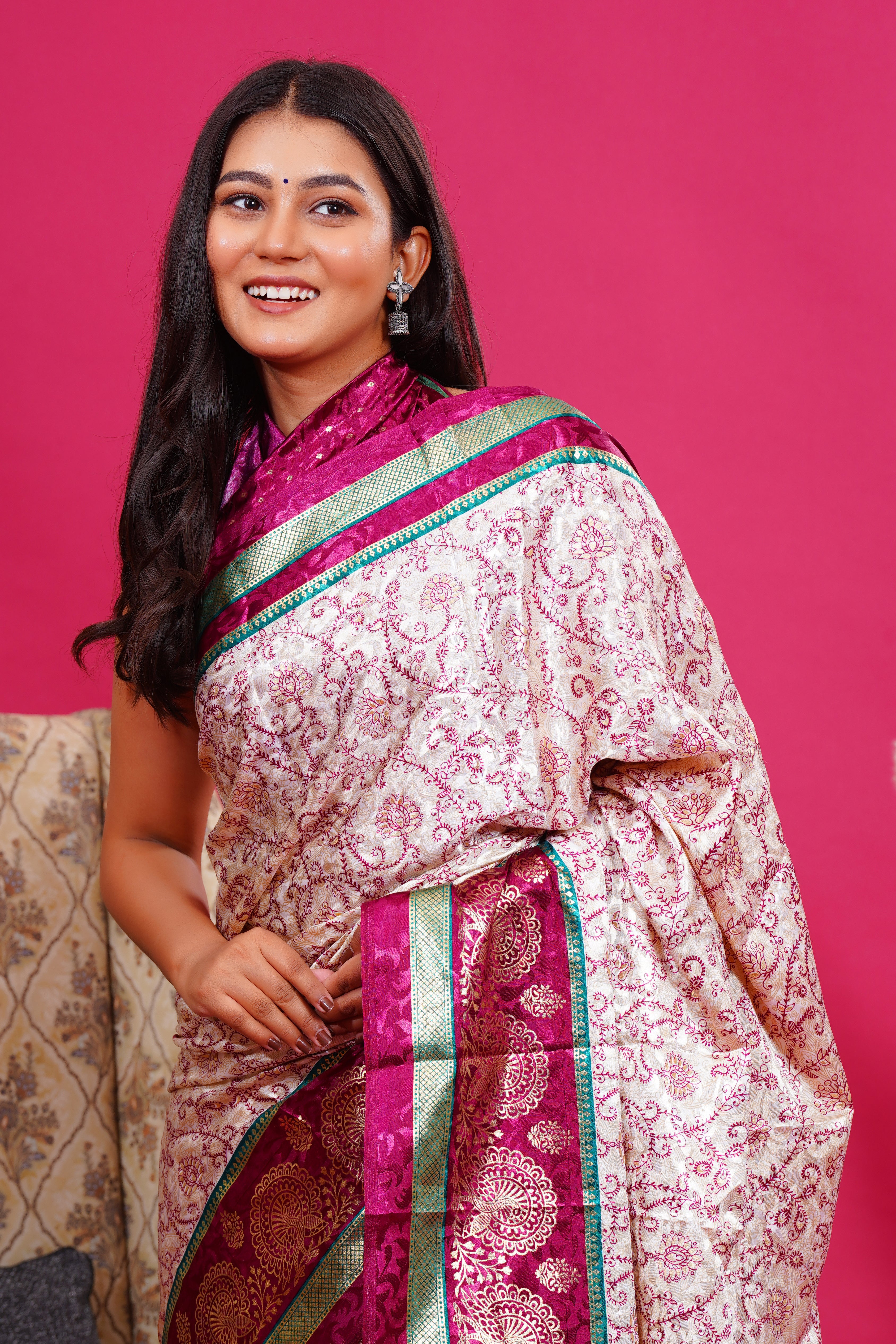 Purple Golden Flower Peacock Silk Saree