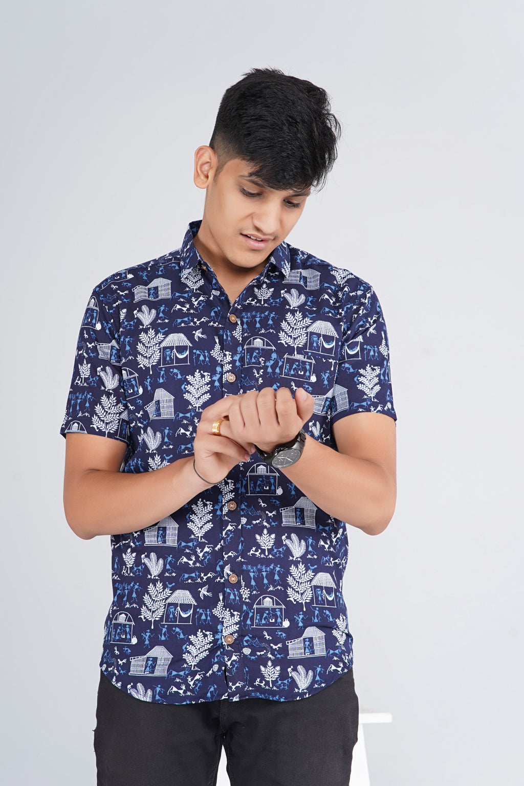 Warli Art Indigo Half Sleeves Shirt