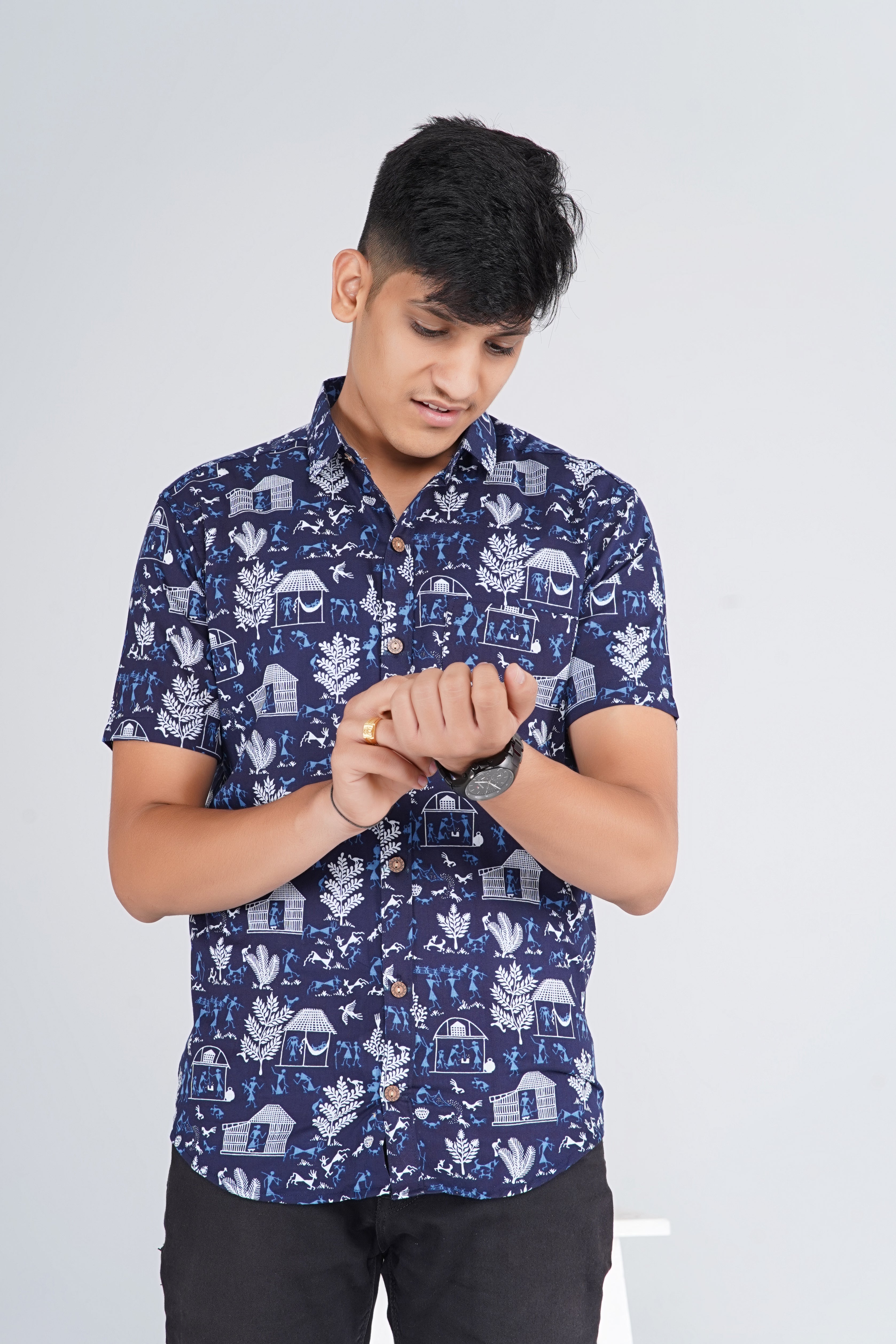 Warli Art Indigo Half Sleeves Shirt