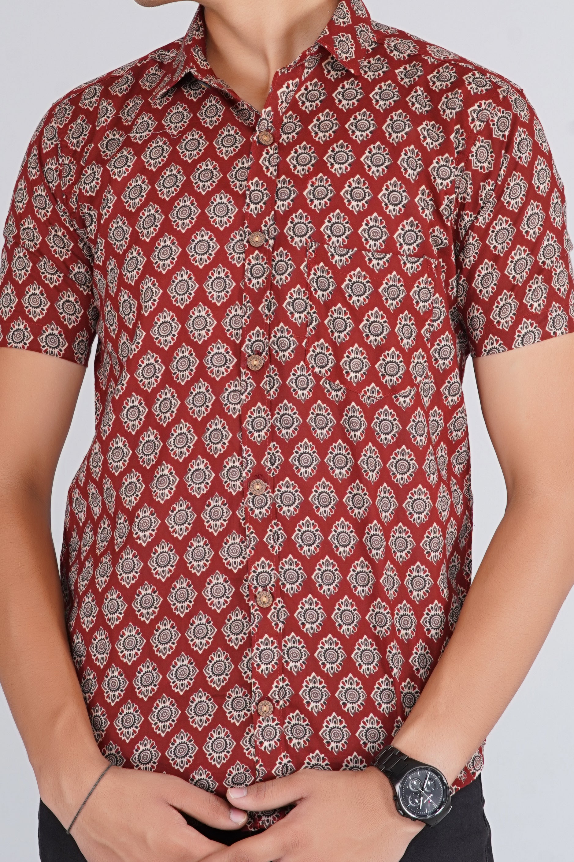 Maroon Ajrakh Tilak Half Sleeves Shirt