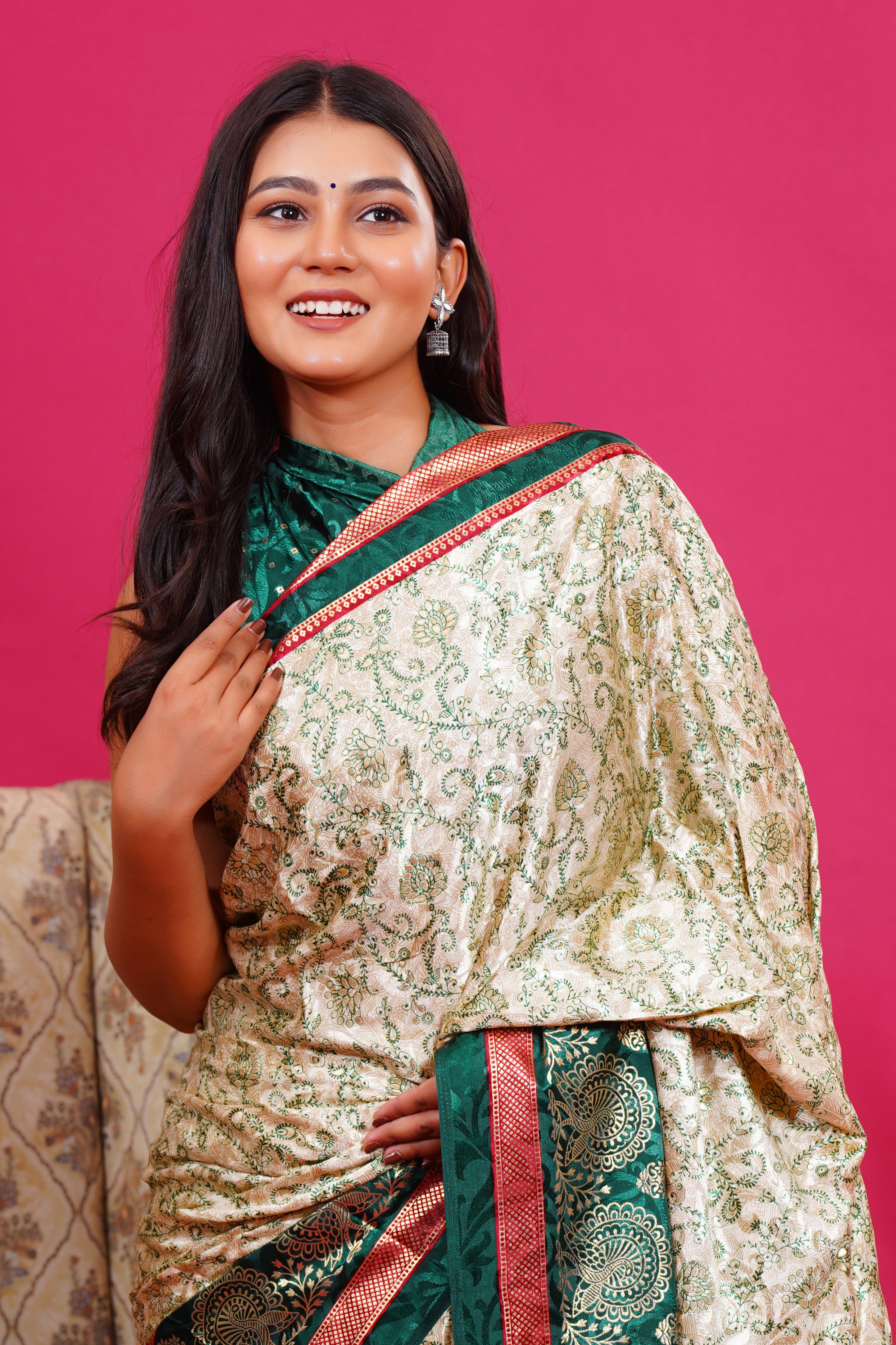 Dark Green Golden Flower Peacock Silk Saree