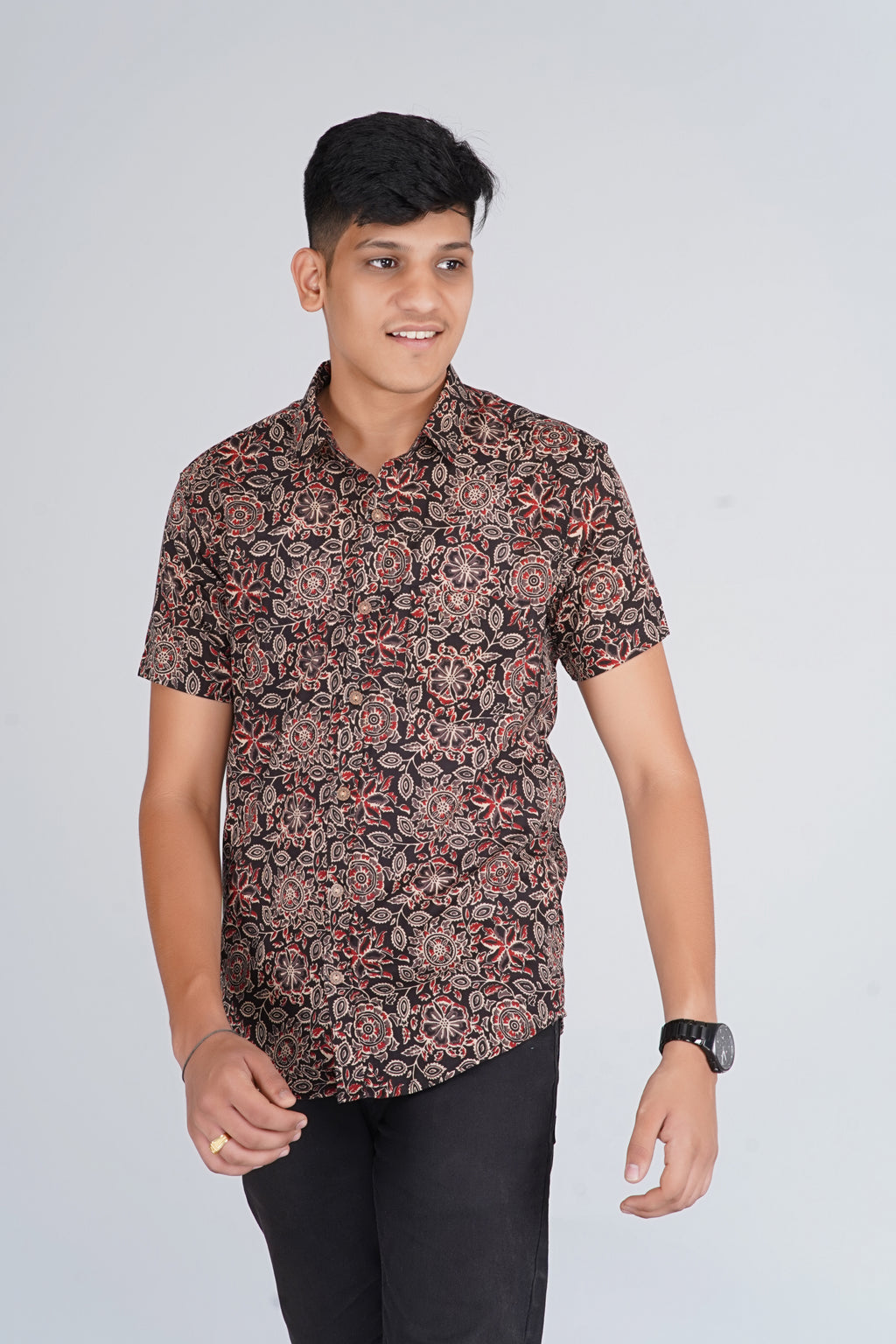 Ajrakh Jaal Half Sleevs Black Shirt