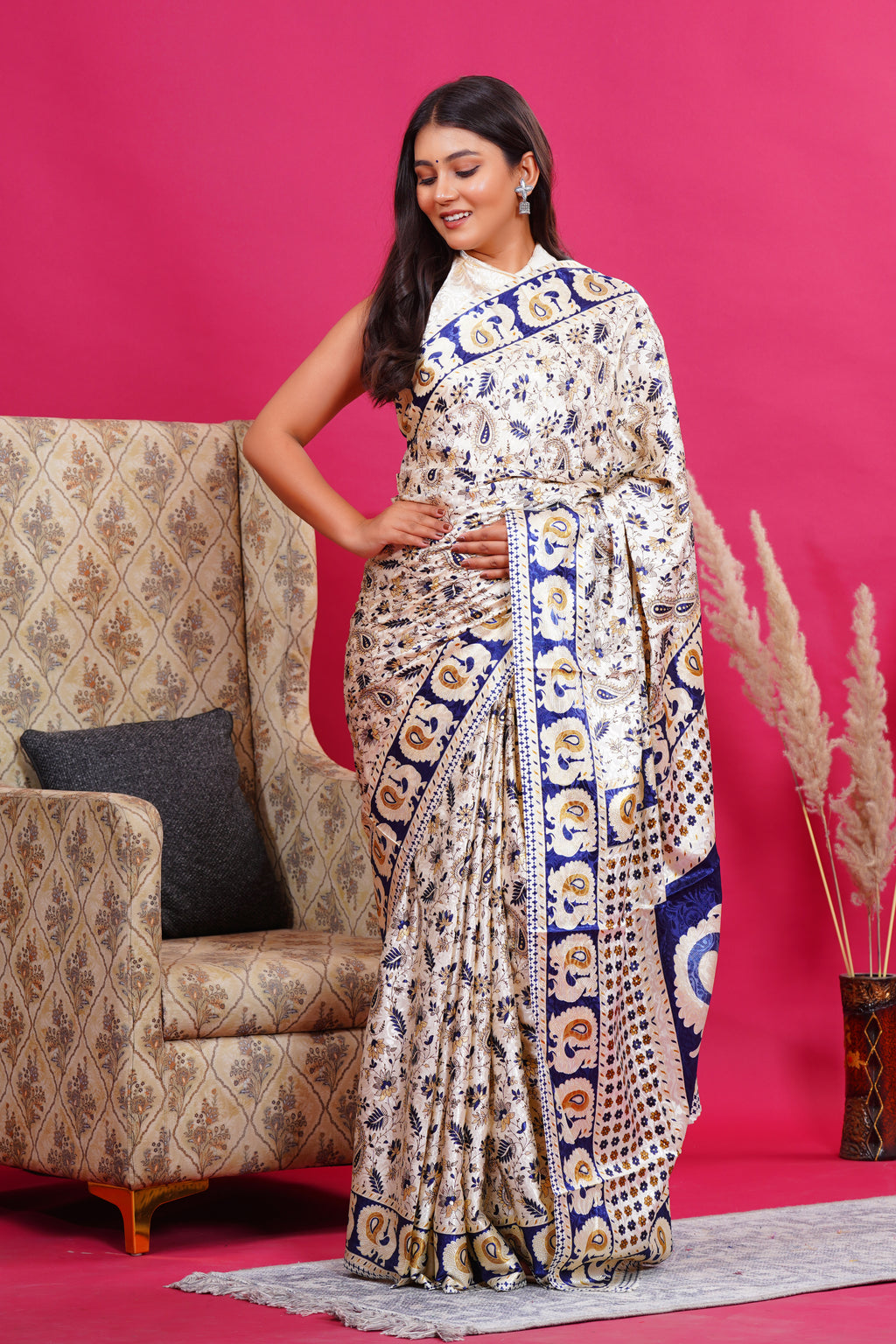 Blue Golden Floral Peacock Silk Saree