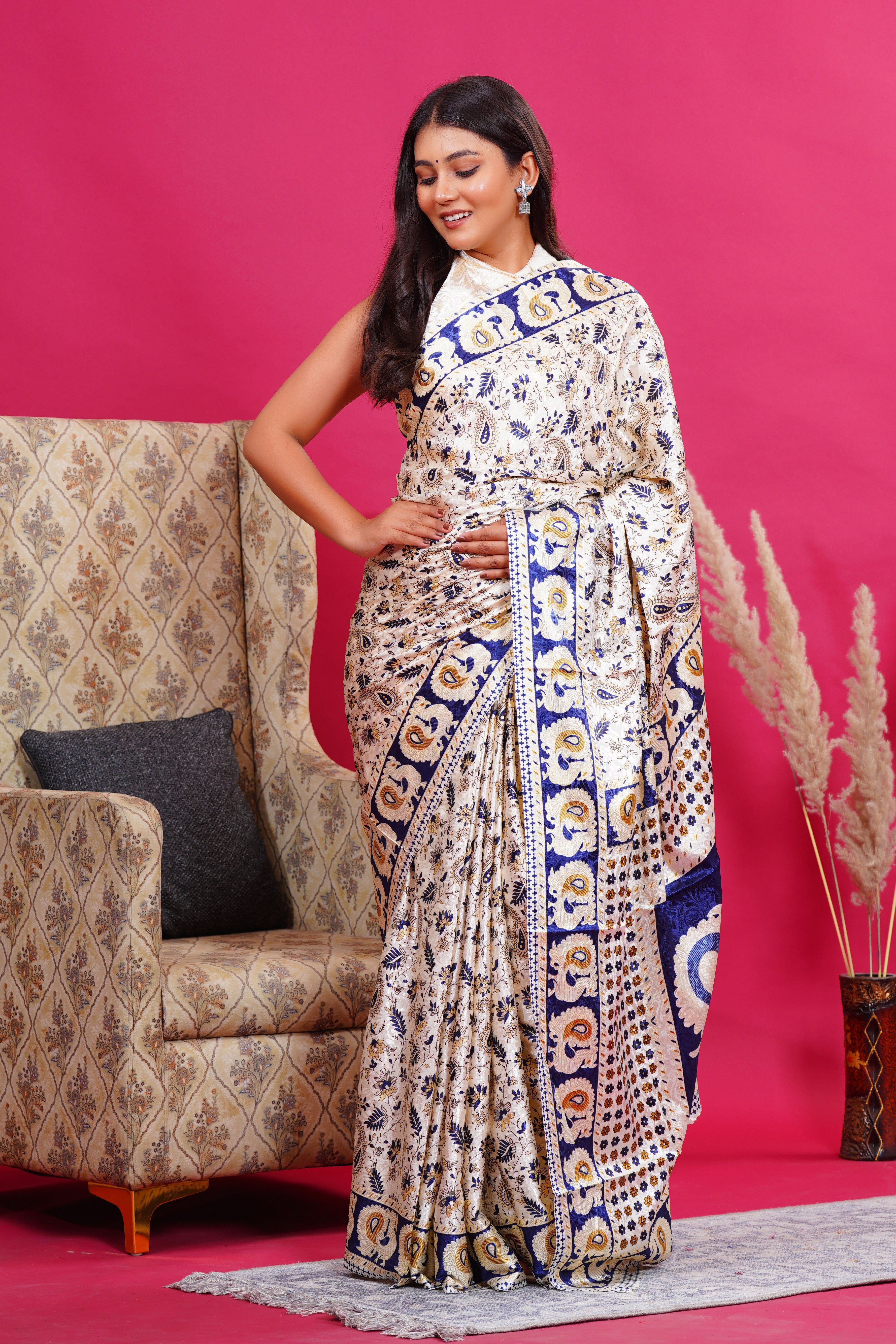 Blue Golden Floral Peacock Silk Saree