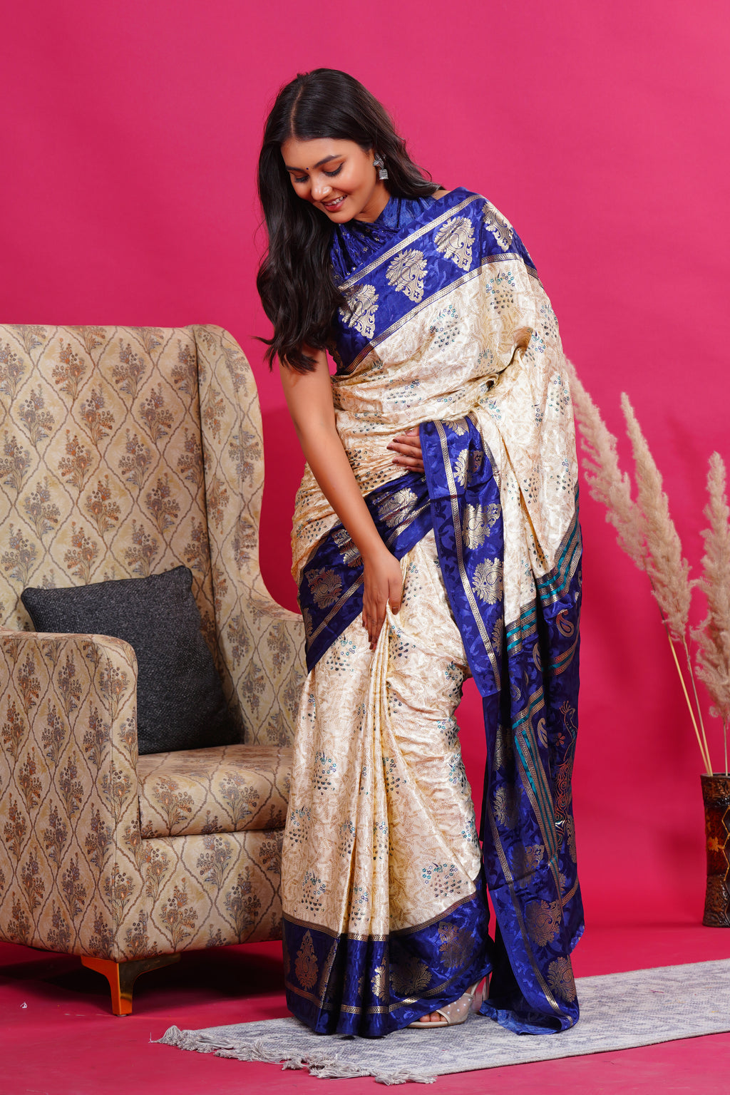 Blue Golden Kalash Peacock Silk Saree