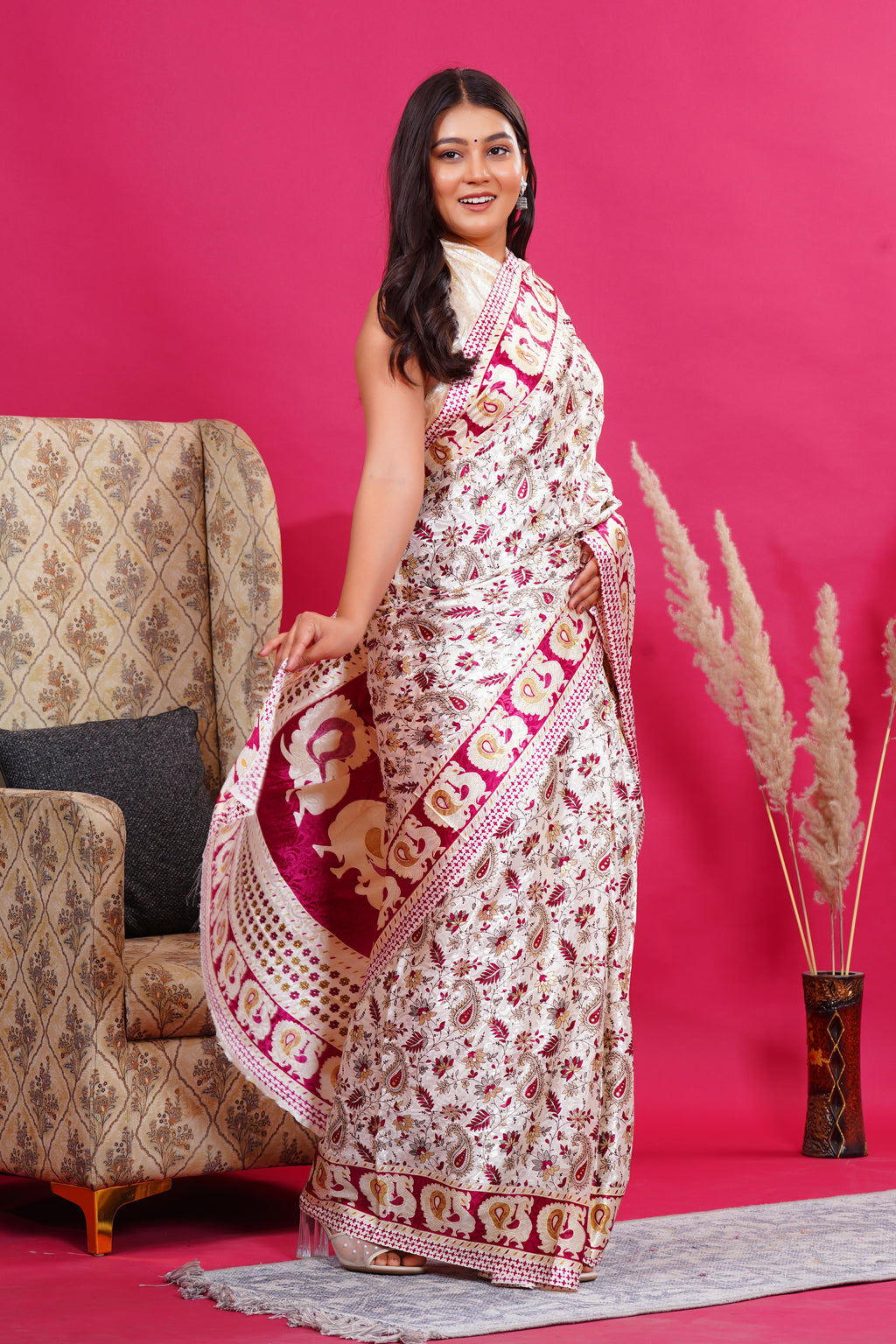 Pink Golden Floral Peacock Silk Saree