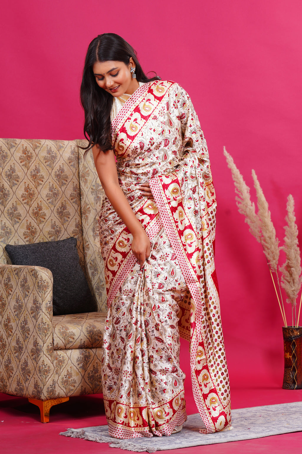 Maroon Golden Floral Peacock Silk Saree