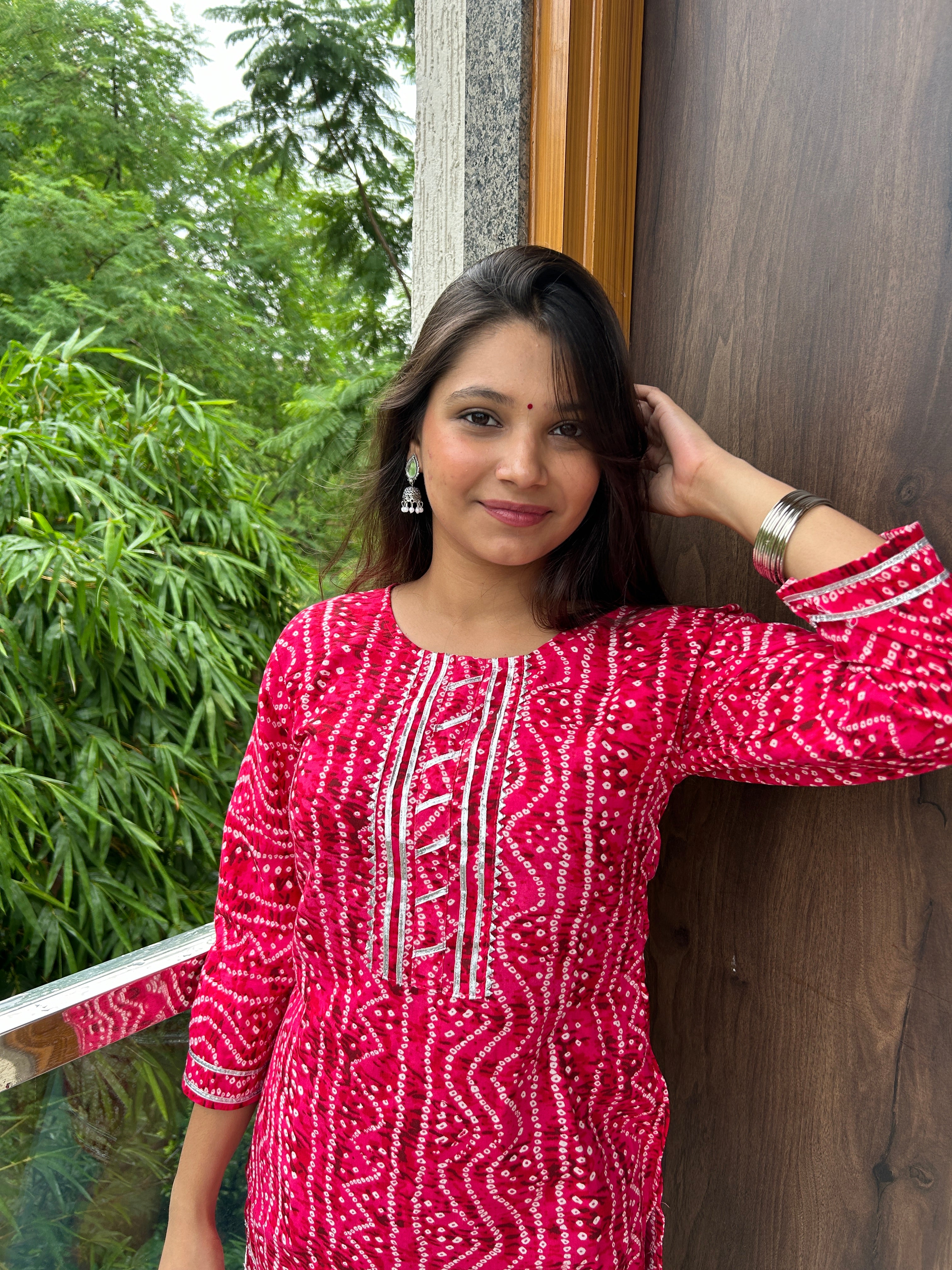 Rani Pink Bandhej Noorani Kurti