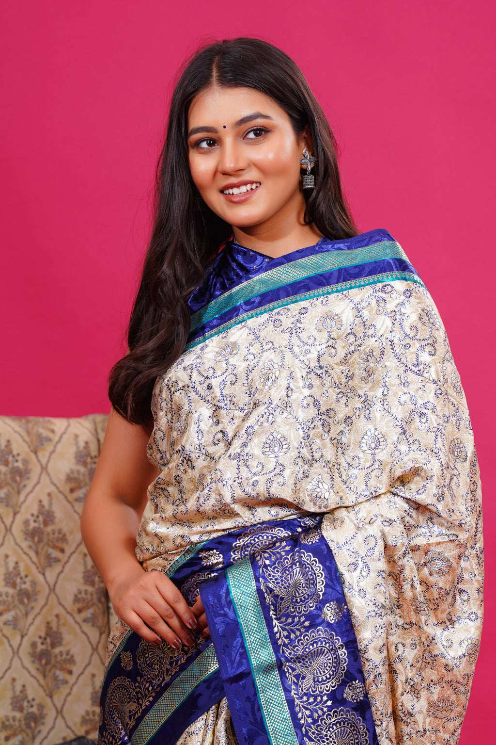 Blue Golden Flower Peacock Silk Saree