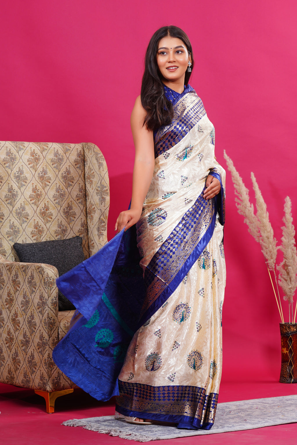 Blue Golden Peacock Silk Saree