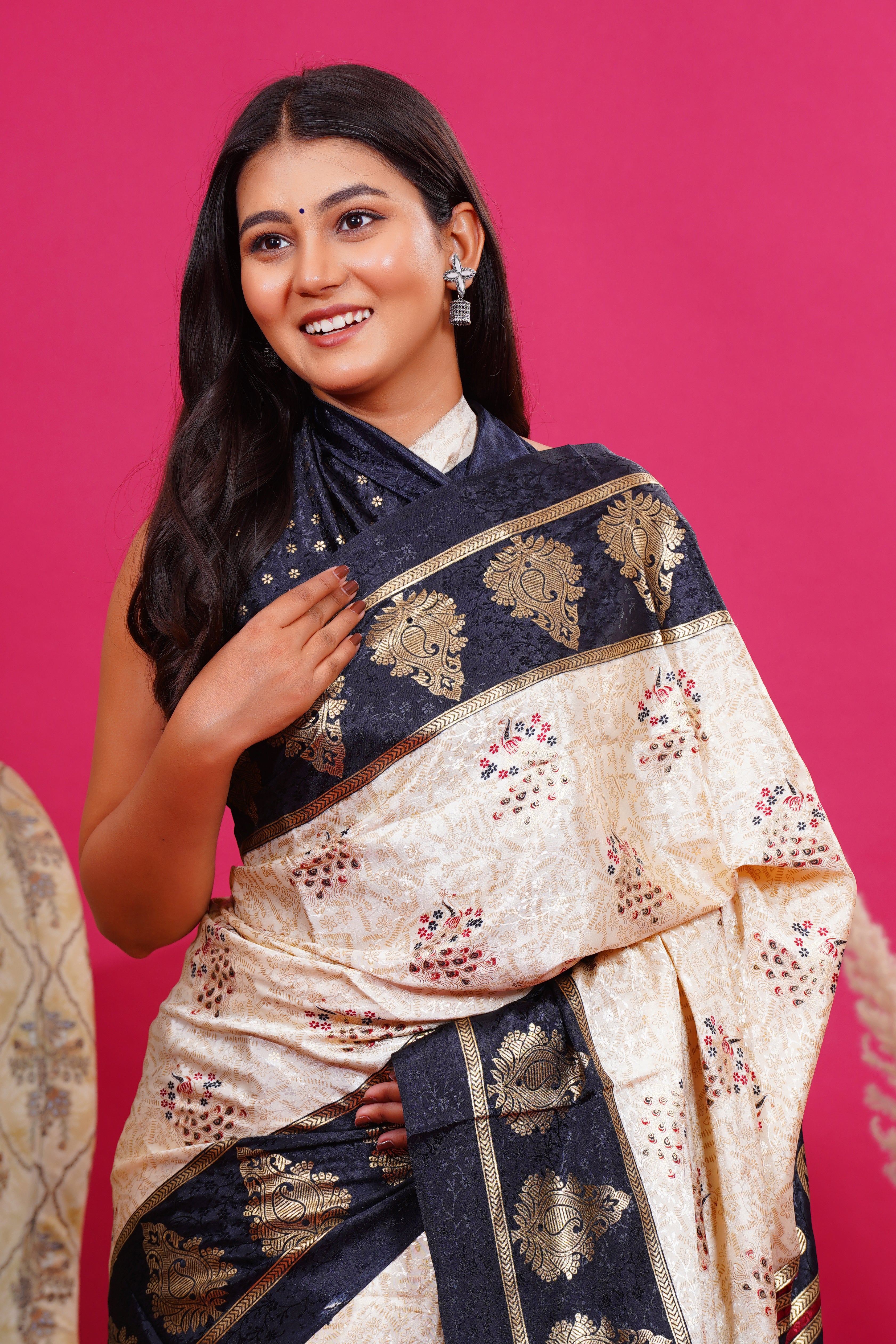 Black Golden Kalash Peacock Silk Saree