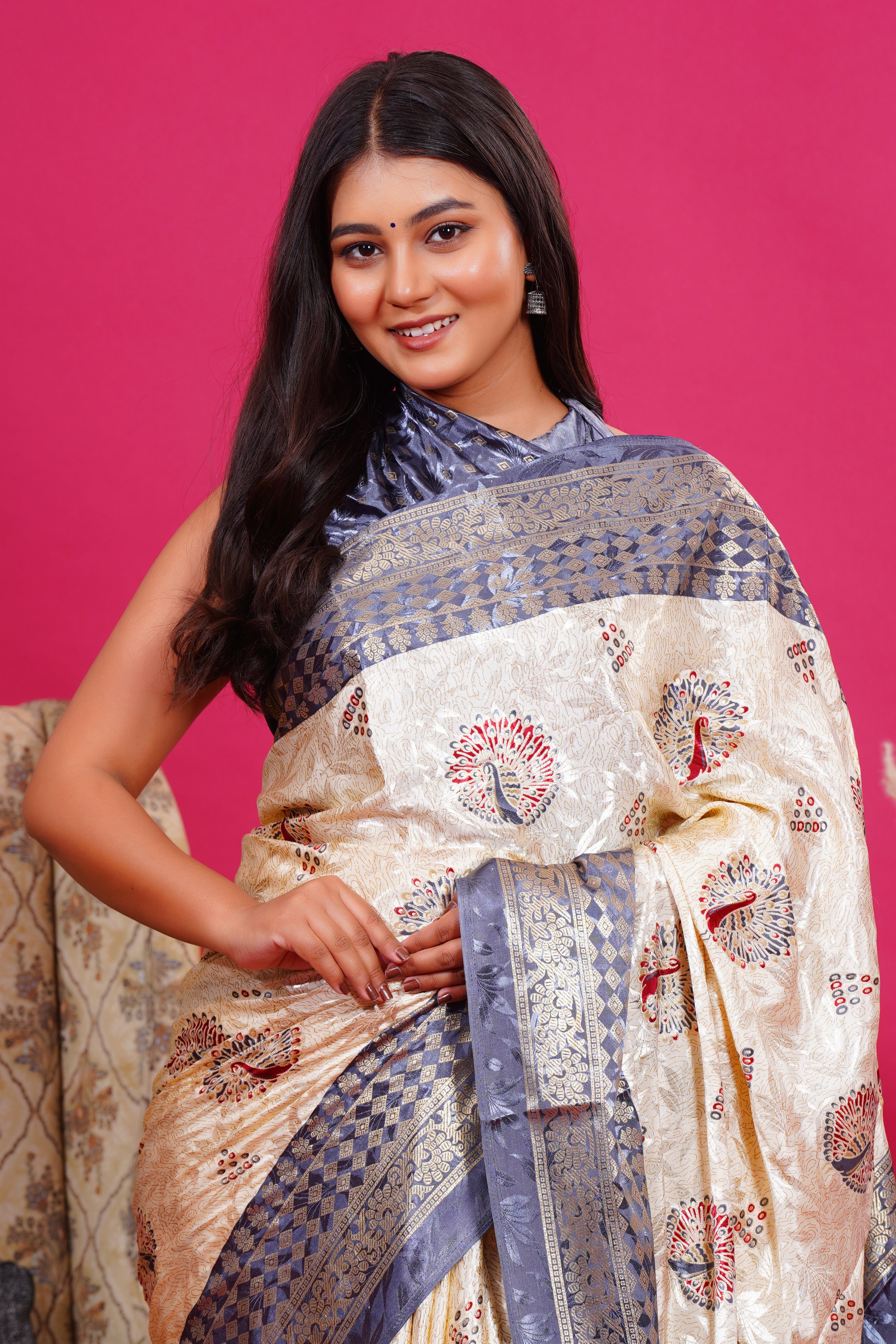 Grey Golden Peacock Silk Saree