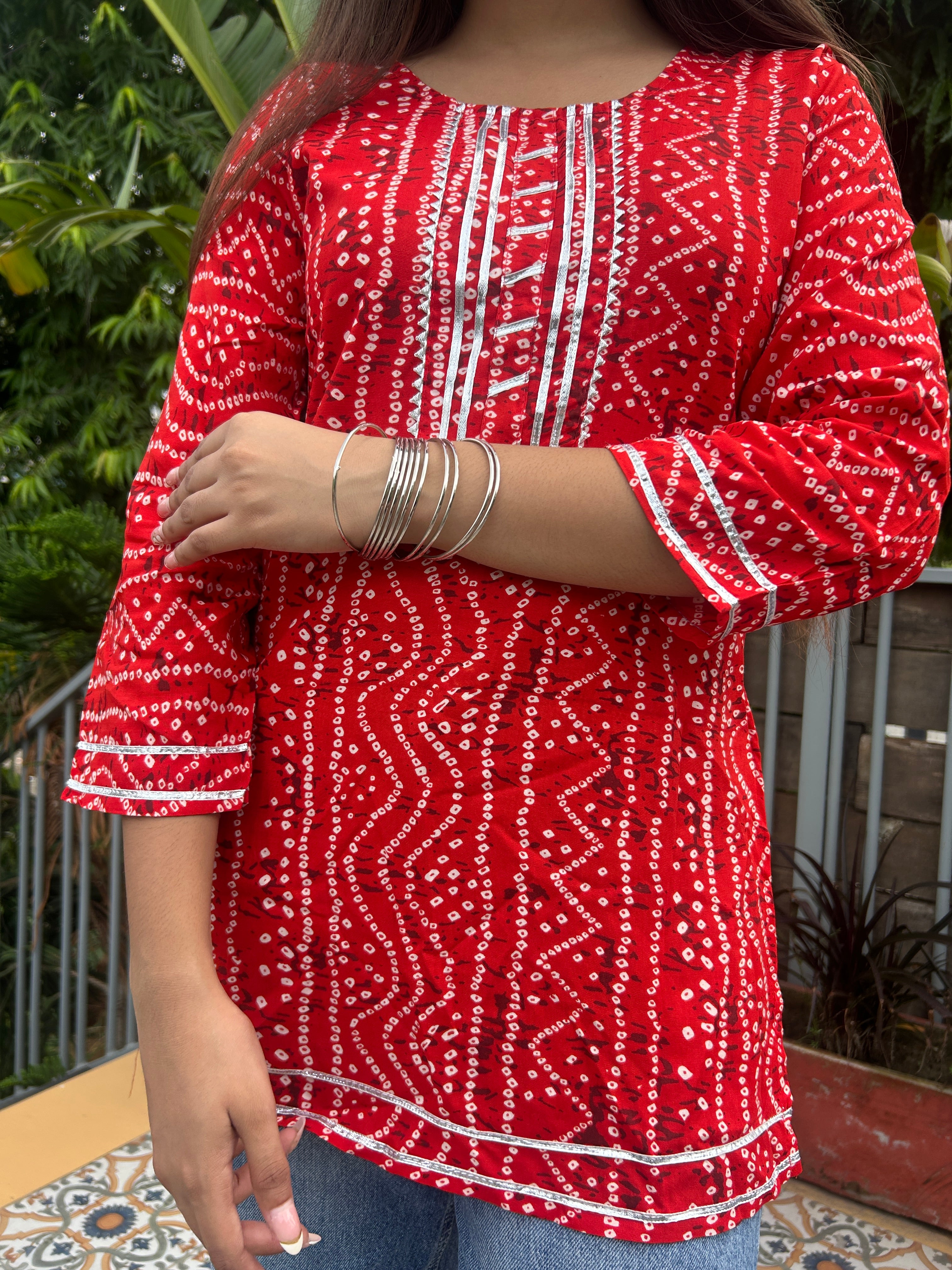 Red Bandhej Noorani Kurti