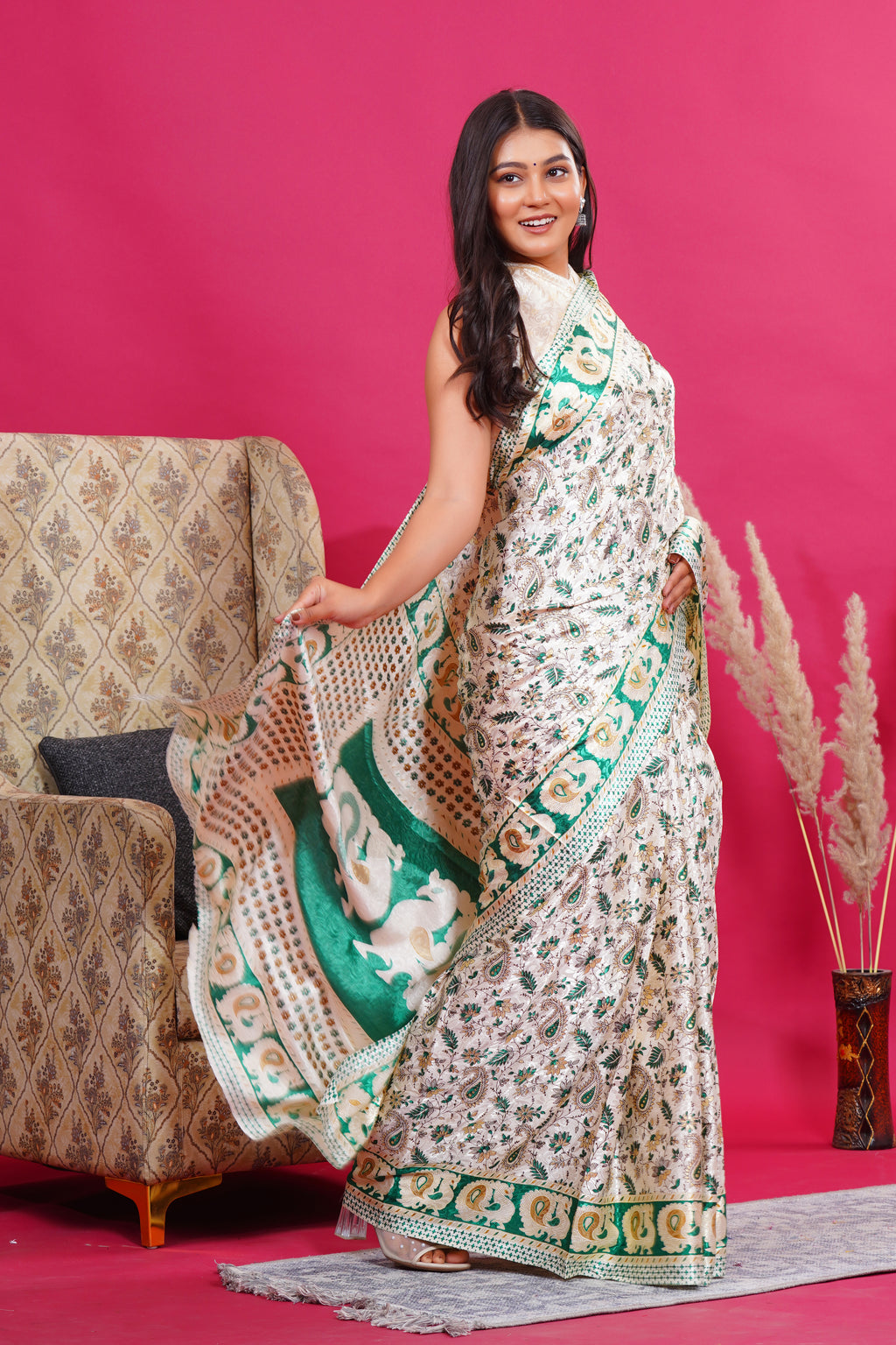 Green Golden Floral Peacock Silk Saree