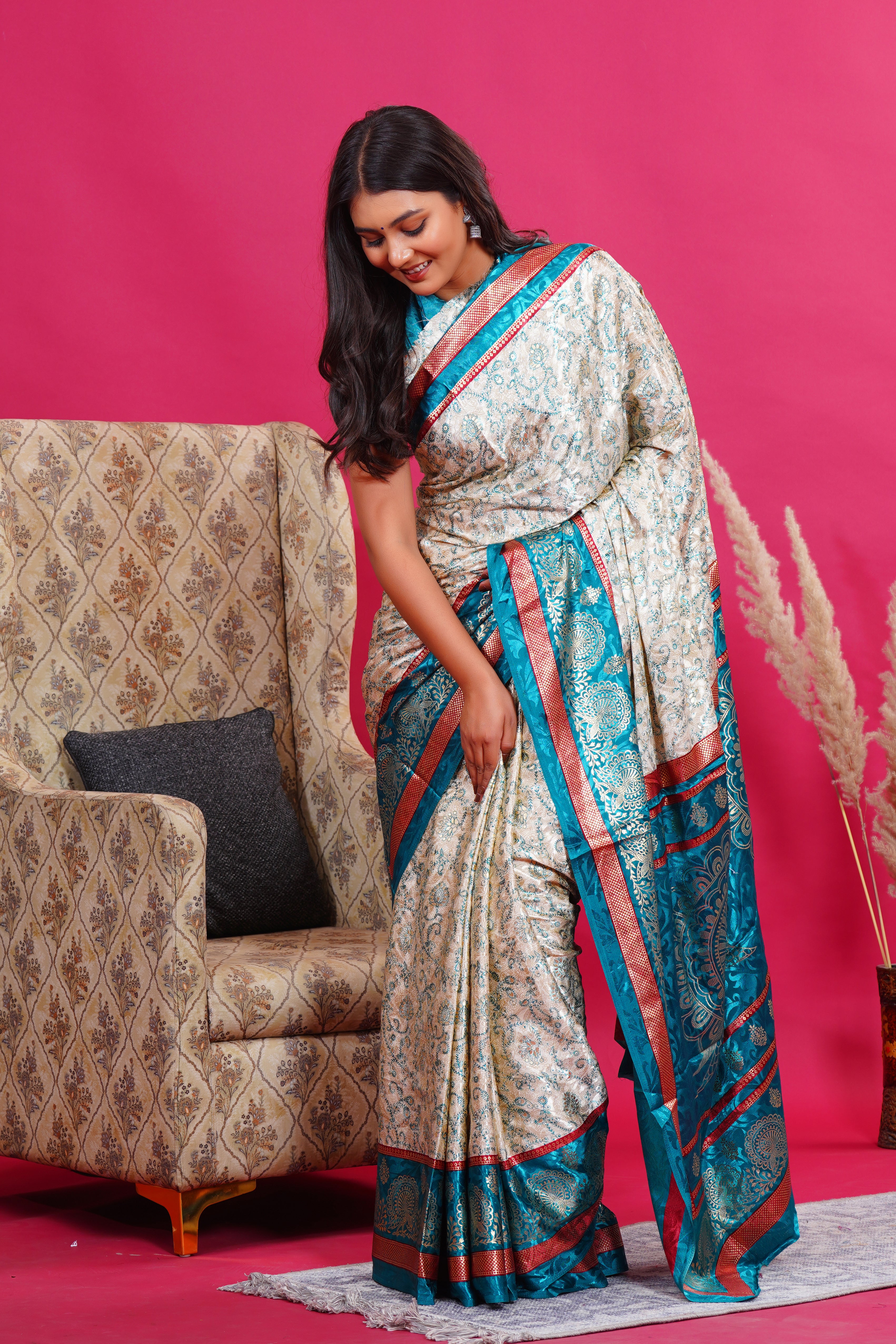 Green Golden Flower Peacock Silk Saree