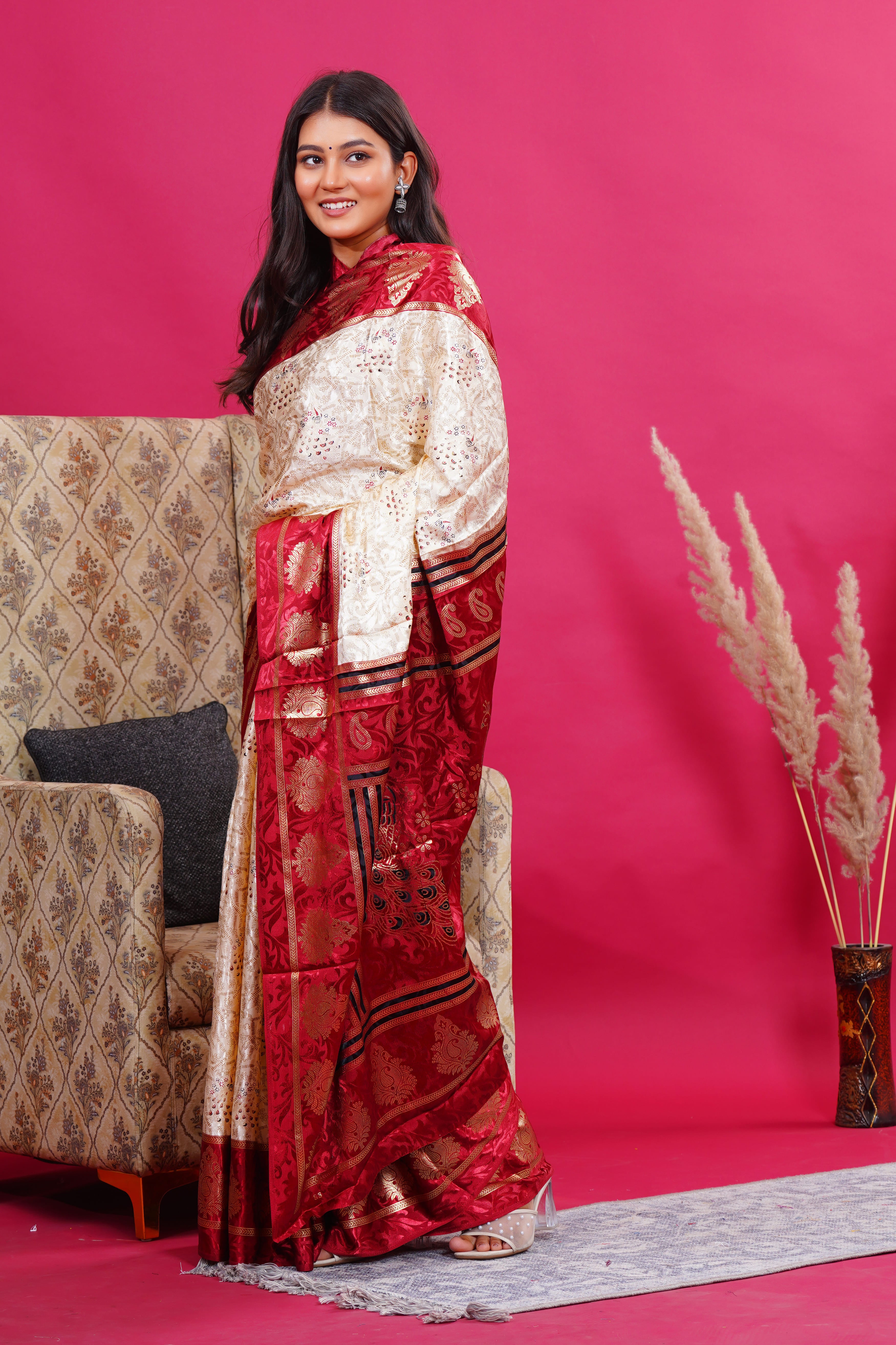 Maroon Golden Kalash Peacock Silk Saree