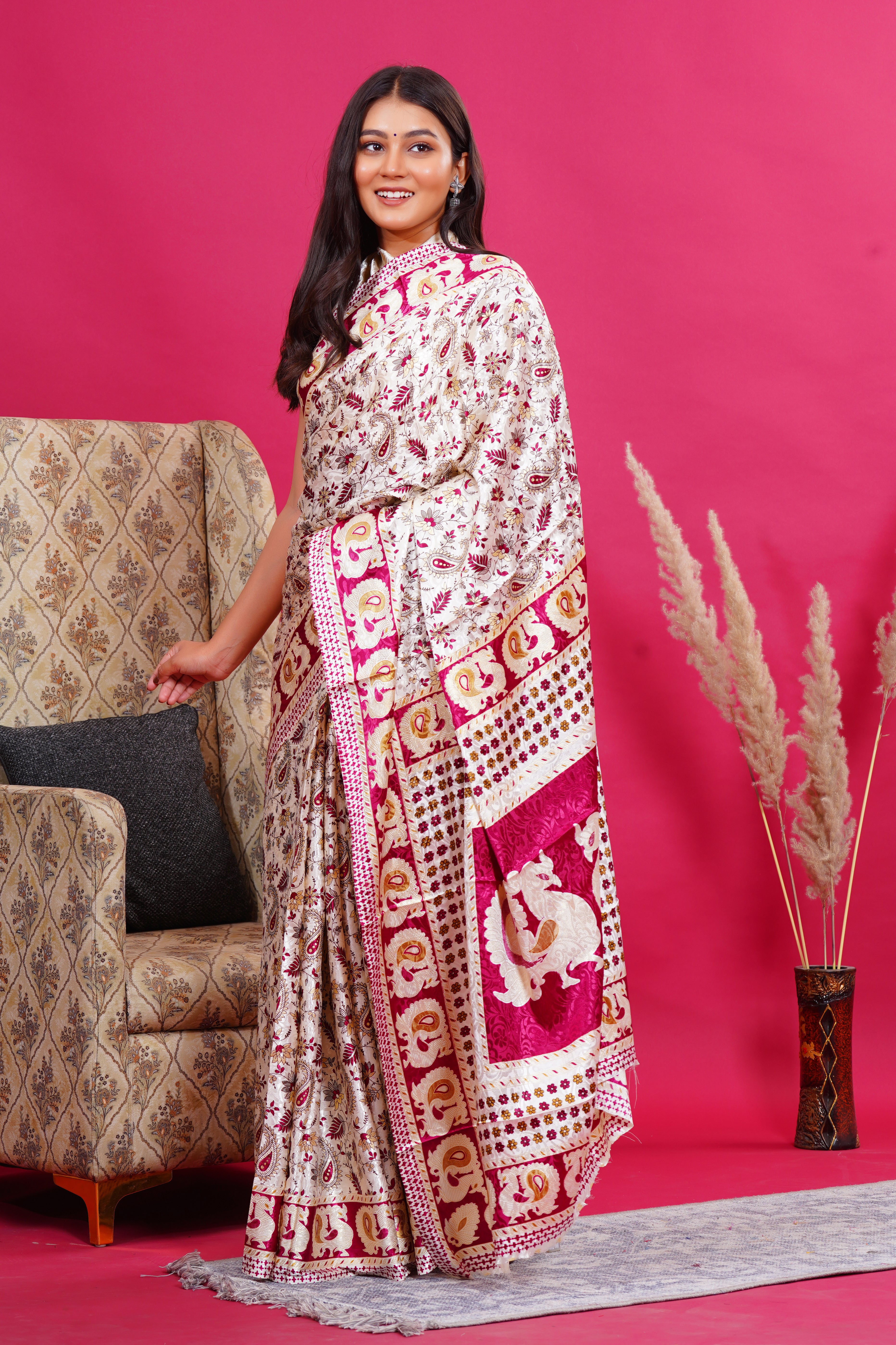 Pink Golden Floral Peacock Silk Saree