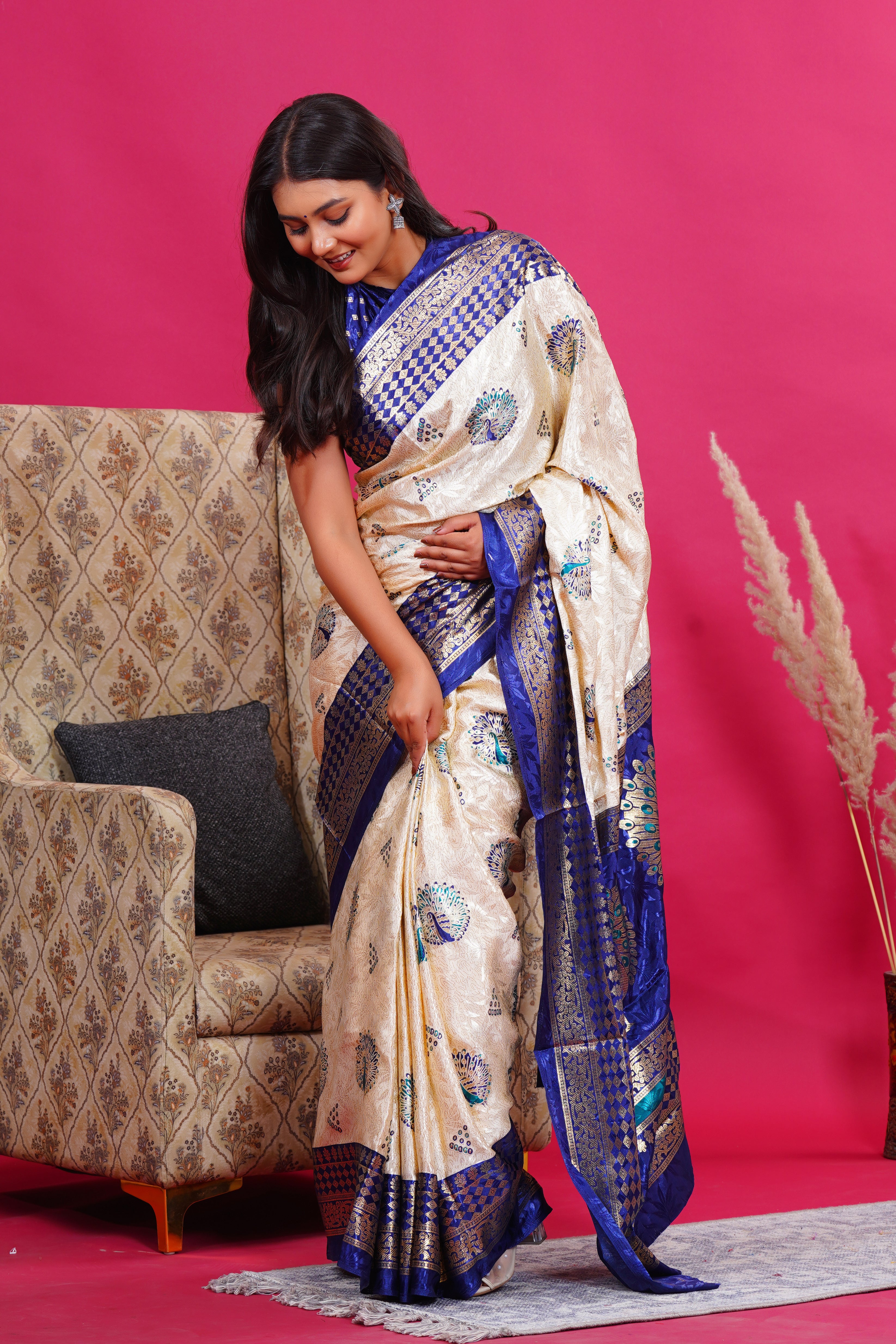 Blue Golden Peacock Silk Saree