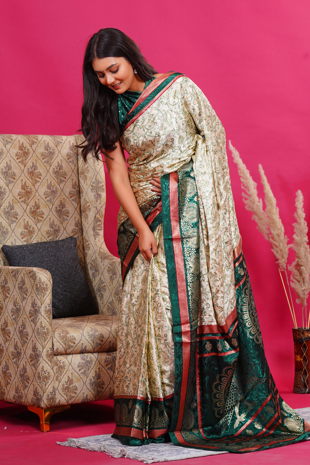 Dark Green Golden Flower Peacock Silk Saree