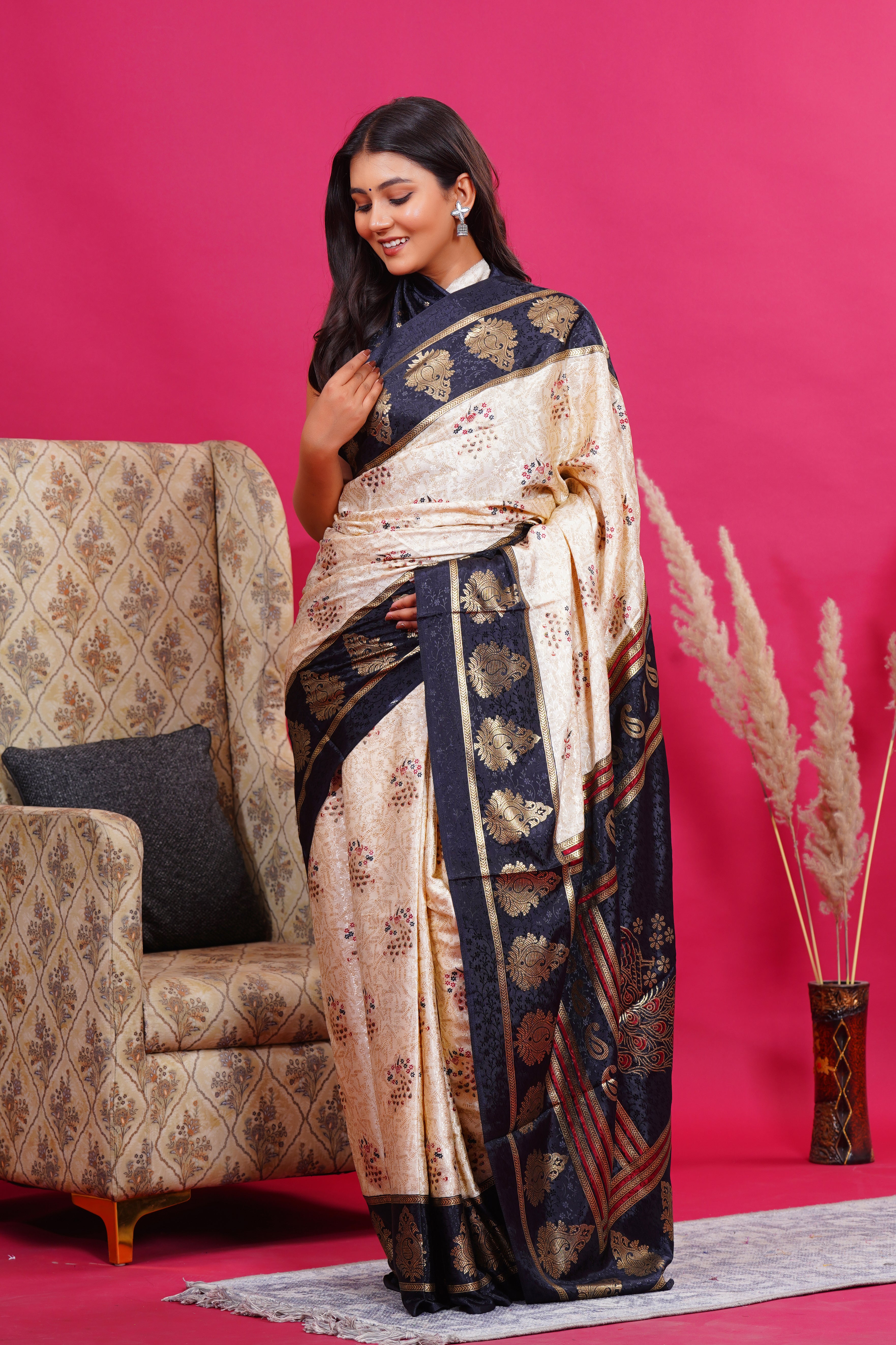 Black Golden Kalash Peacock Silk Saree