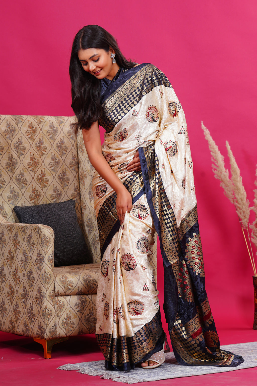 Black Golden Peacock Saree