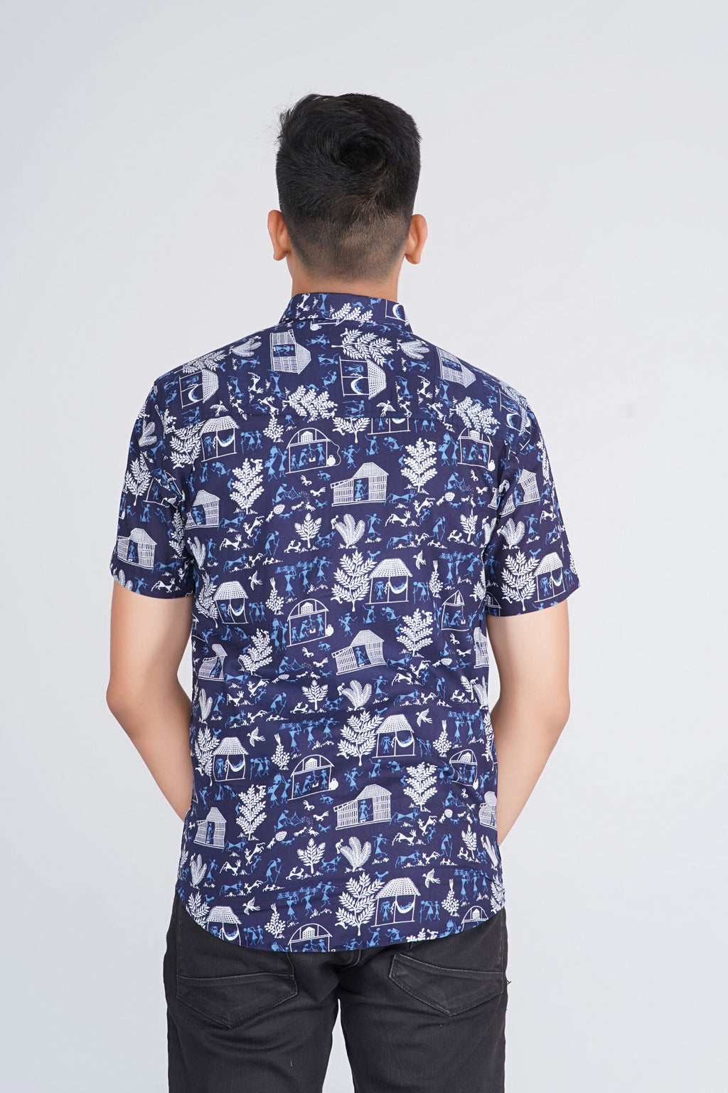 Warli Art Indigo Half Sleeves Shirt