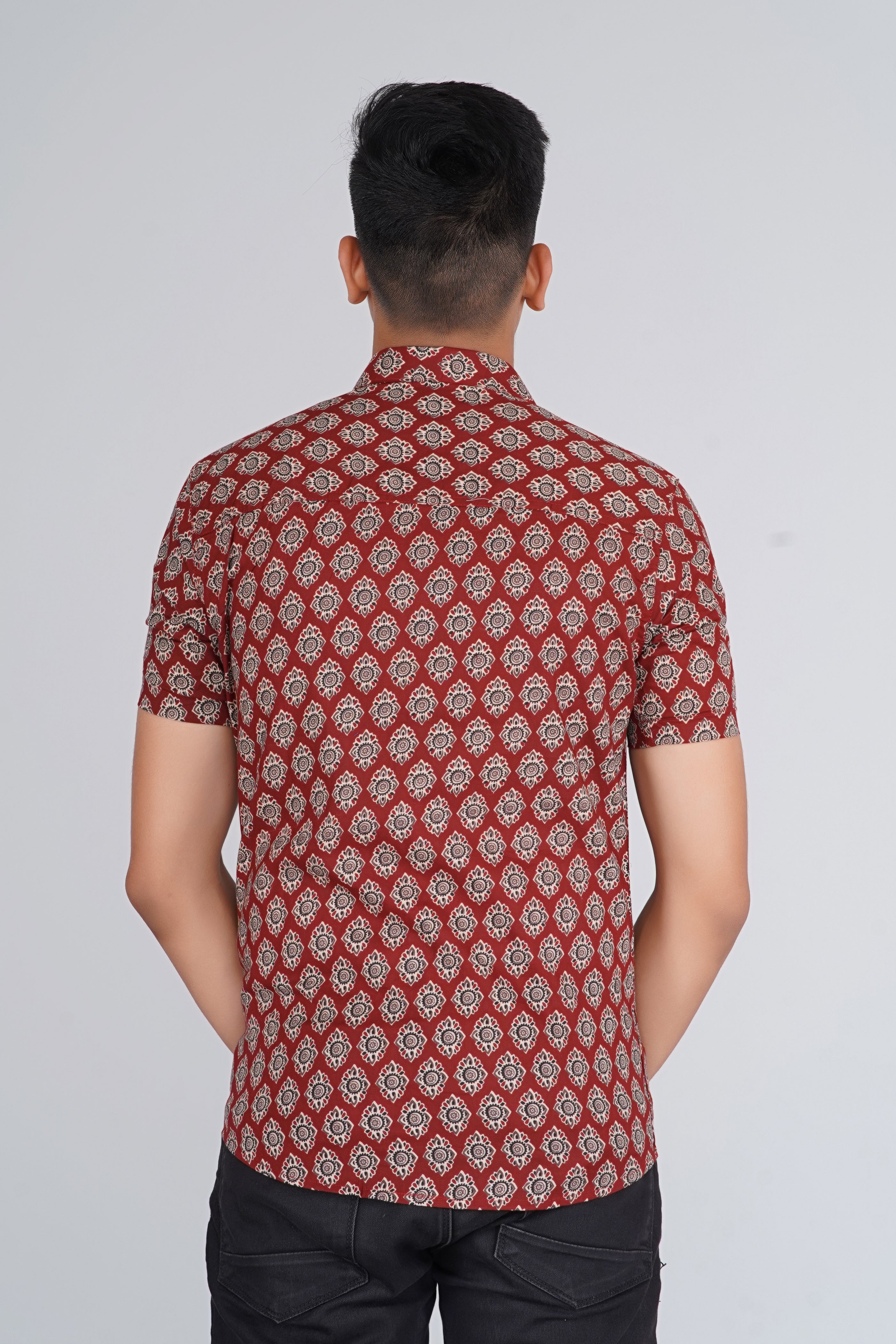 Maroon Ajrakh Tilak Half Sleeves Shirt