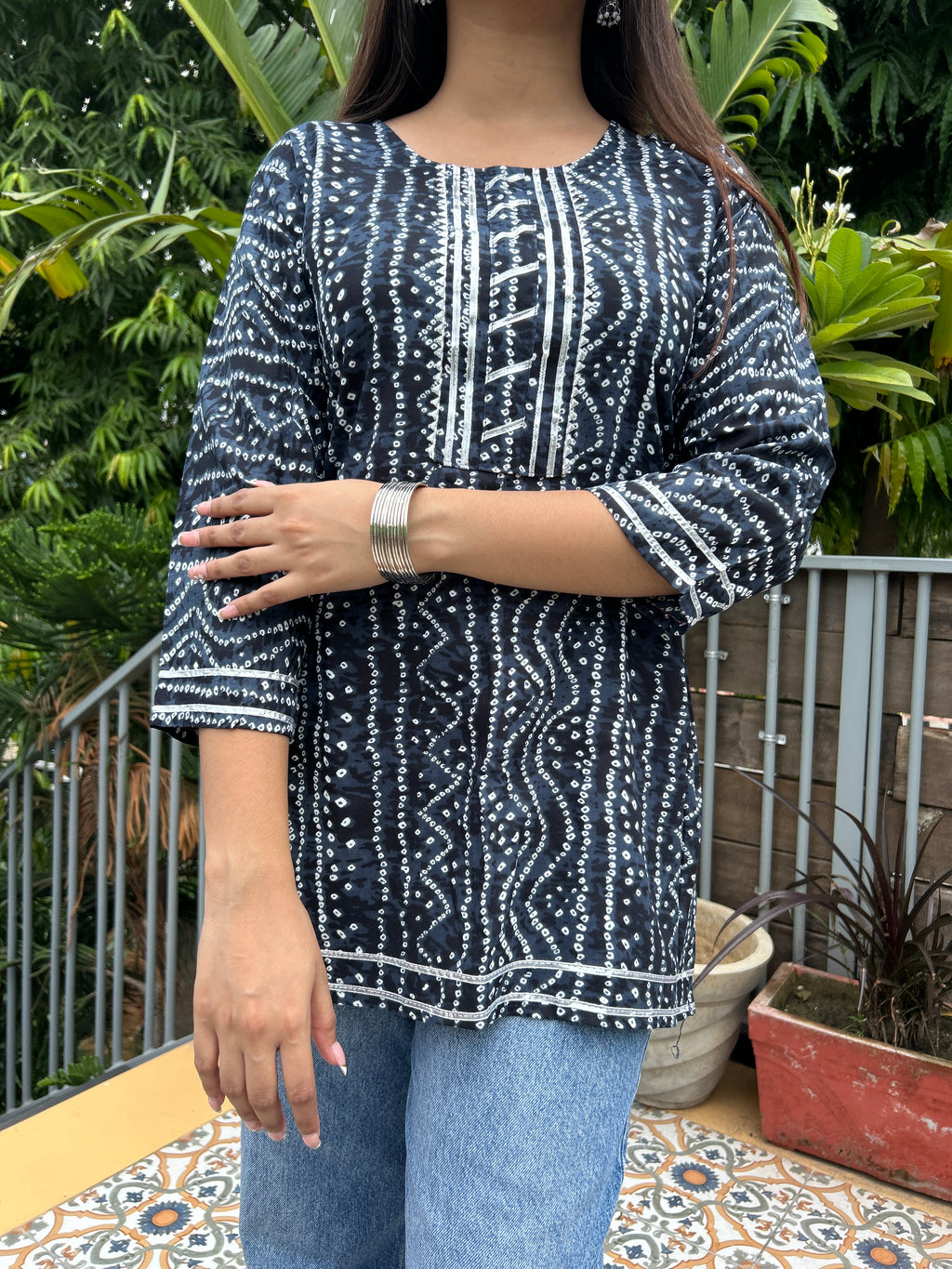 Navy Blue Bandhej Noorani Kurti