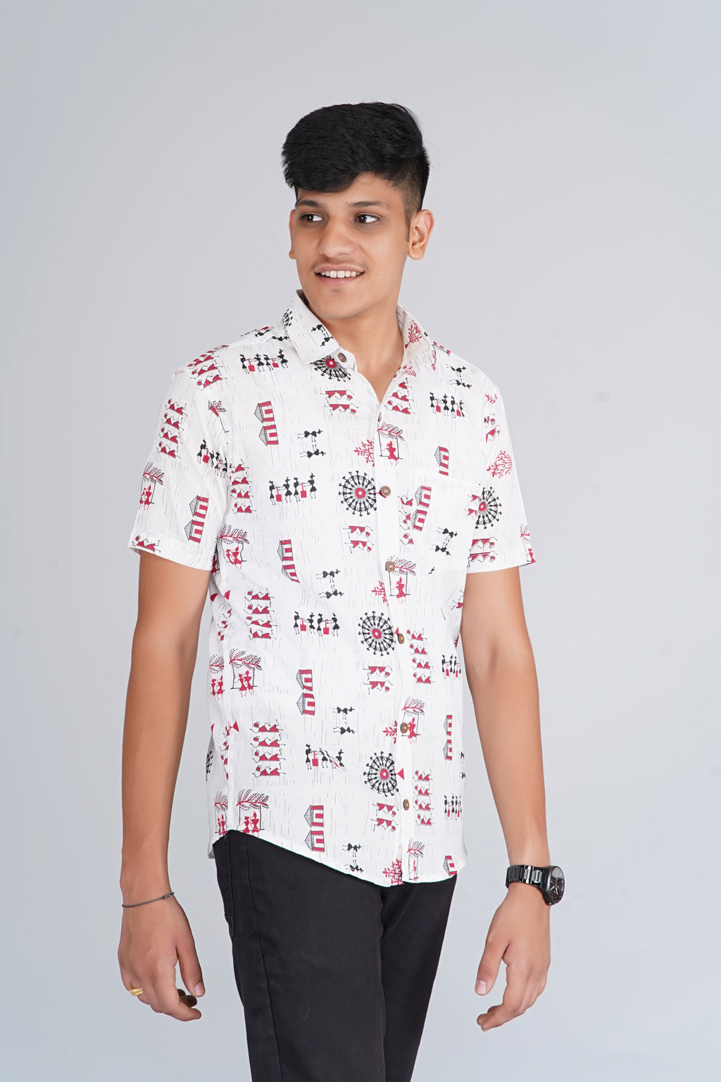 White Warli Art Half Sleeves Shirt
