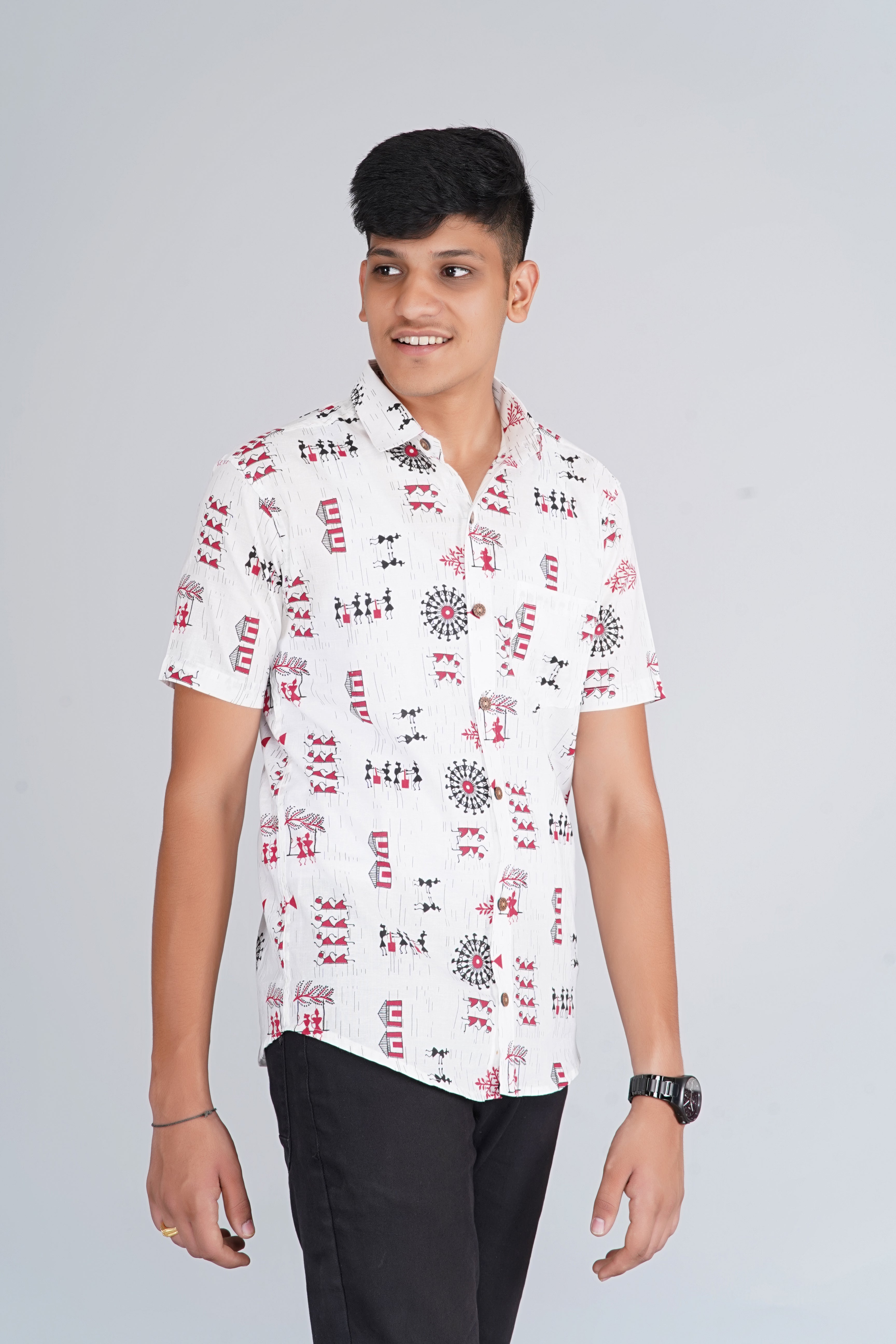 White Warli Art Half Sleeves Shirt
