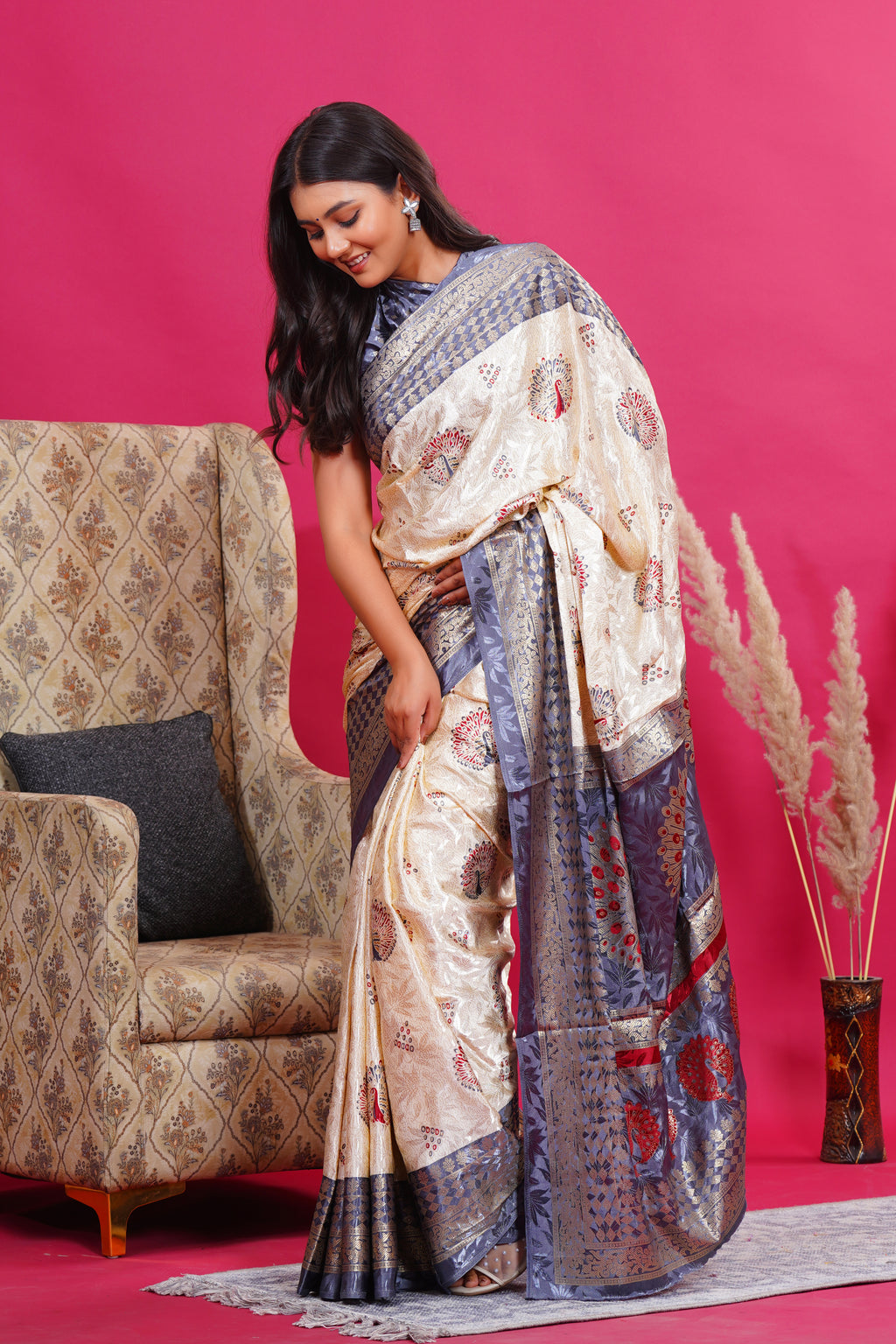 Grey Golden Peacock Silk Saree