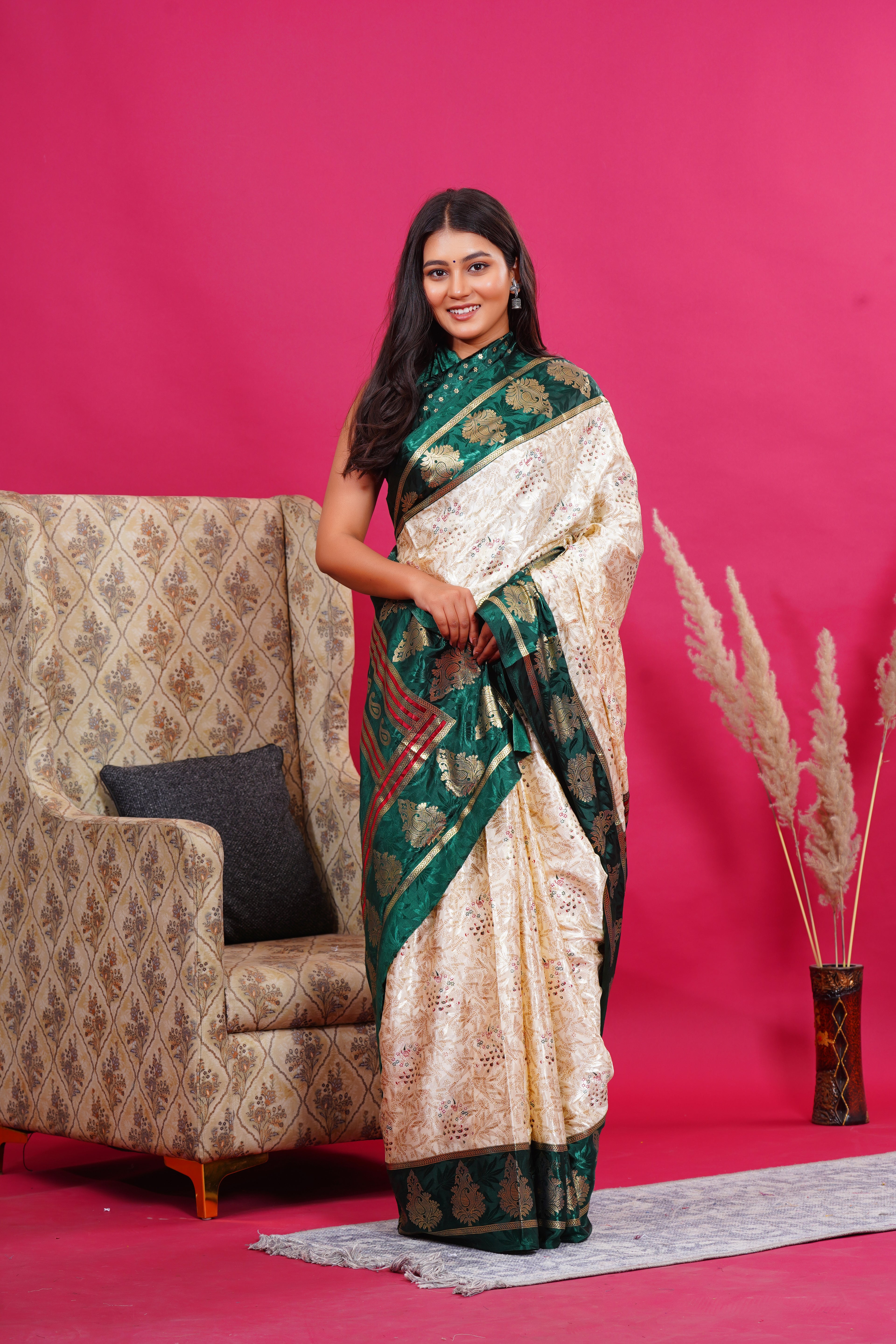 Dark Green Golden Kalash Peacock Silk Saree