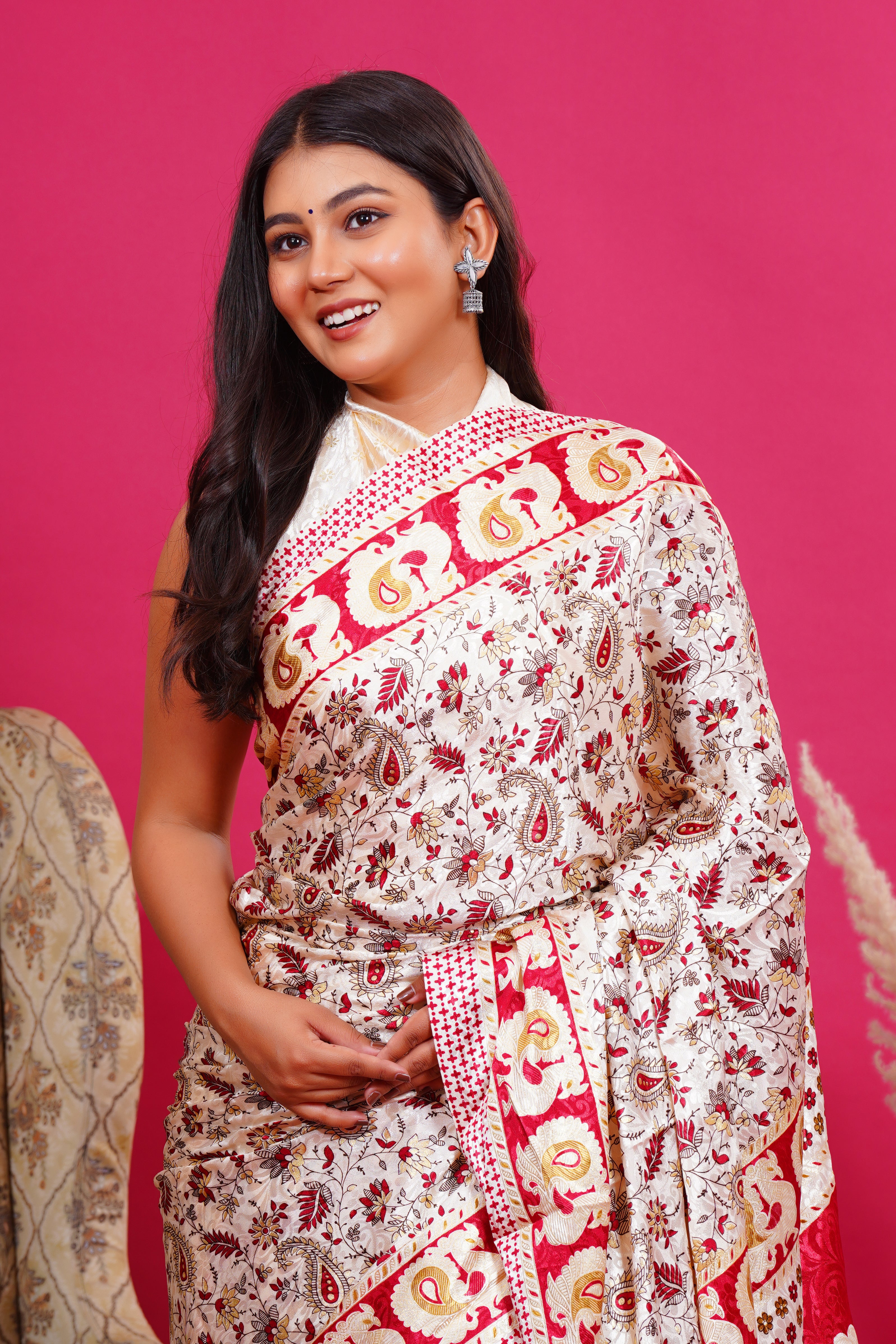 Maroon Golden Floral Peacock Silk Saree