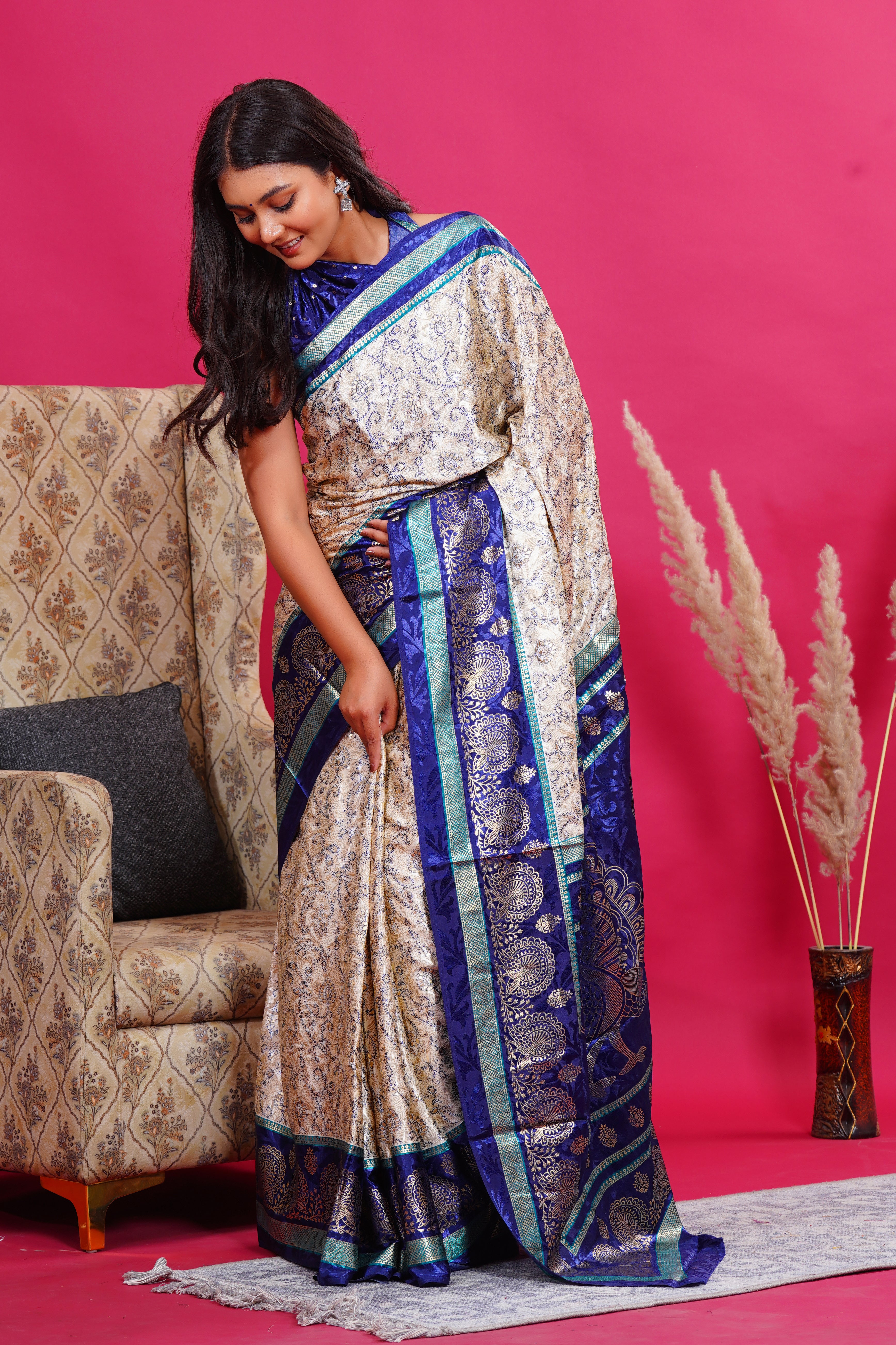 Blue Golden Flower Peacock Silk Saree
