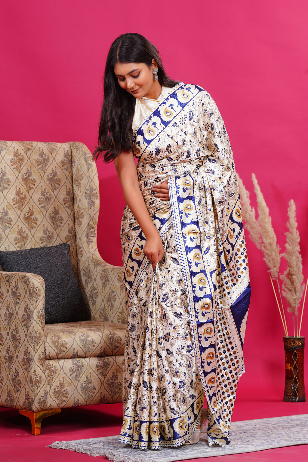 Blue Golden Floral Peacock Silk Saree