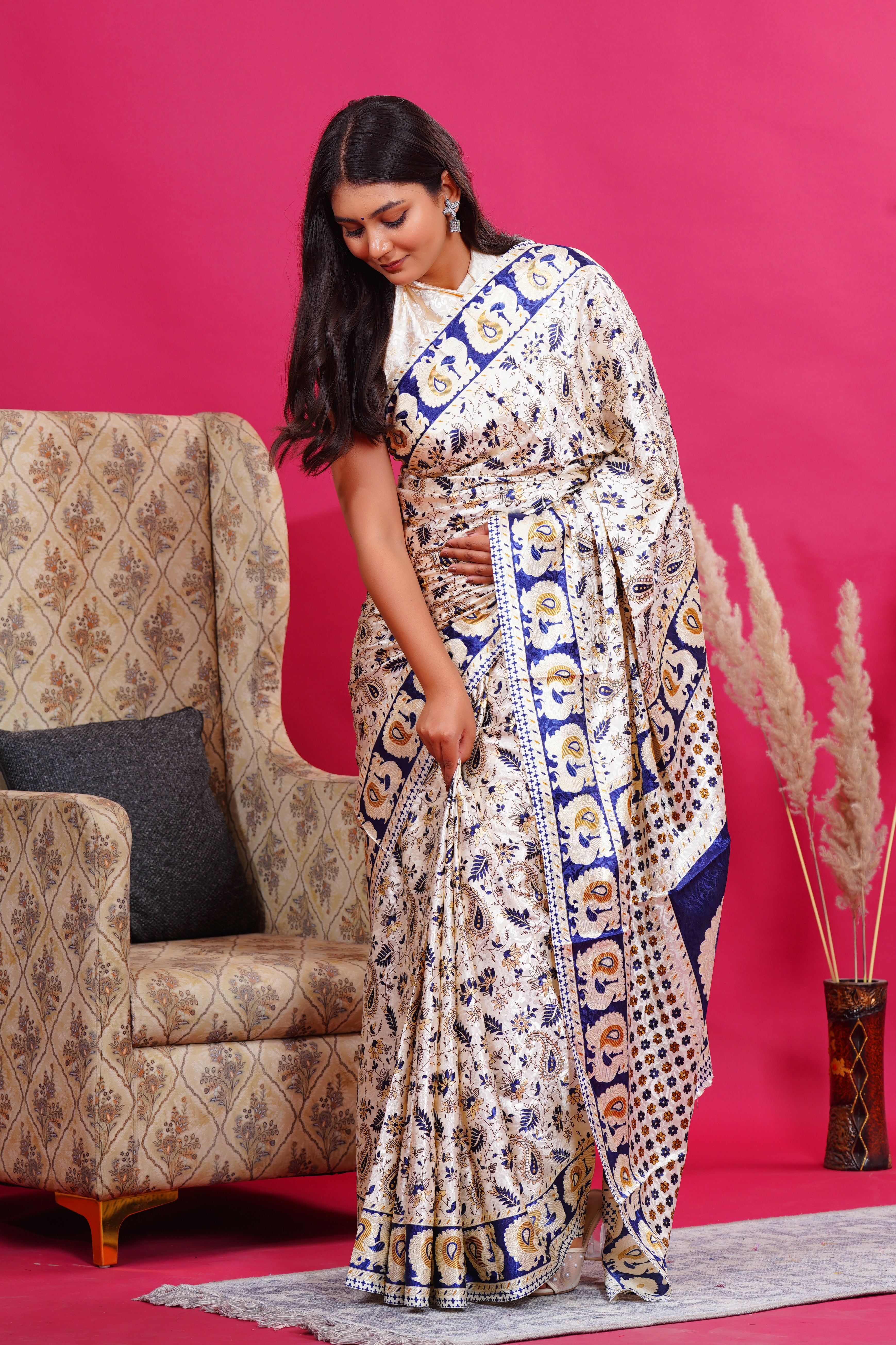 Blue Golden Floral Peacock Silk Saree