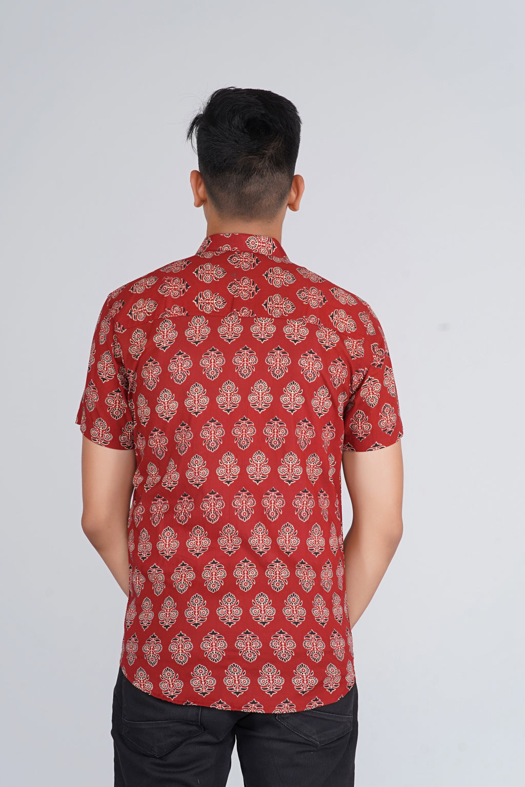 Maroon Ajrakh Butta Half Sleeves Shirt