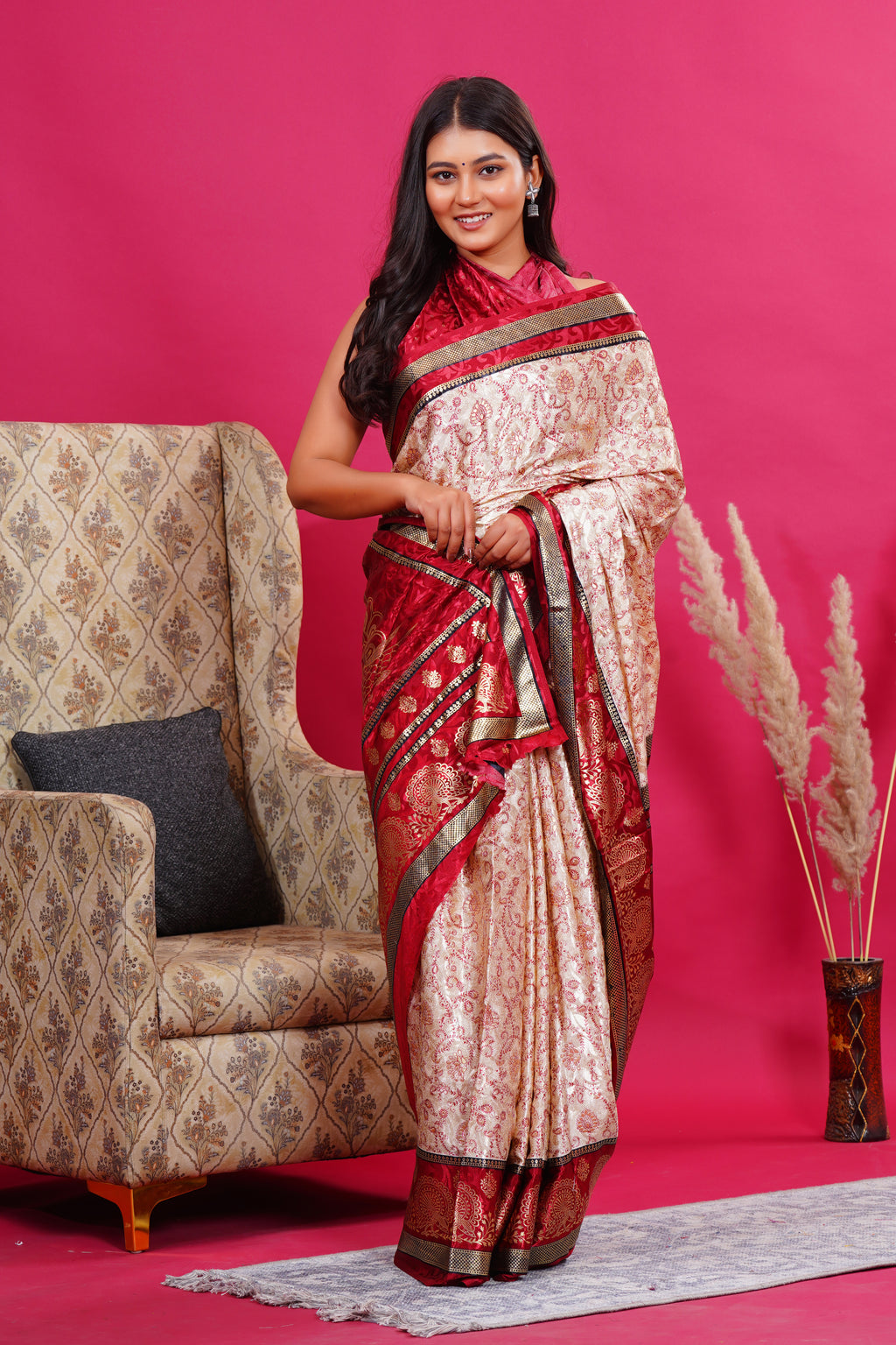 Maroon Golden Flower Peacock Silk Saree