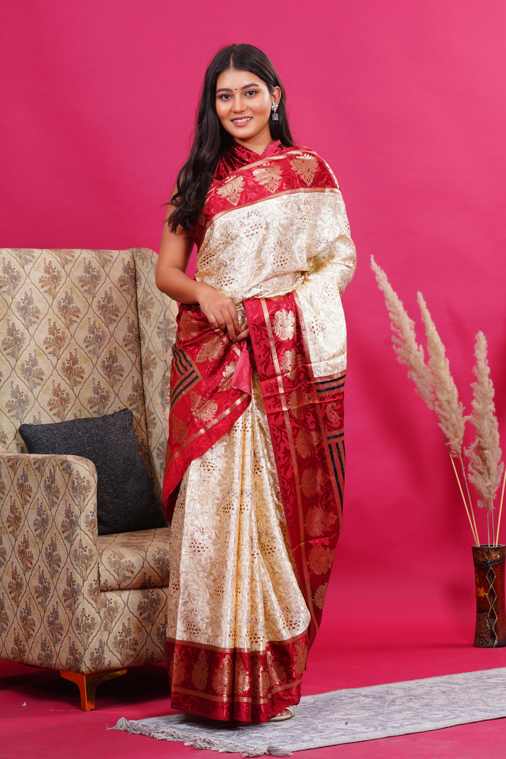 Maroon Golden Kalash Peacock Silk Saree
