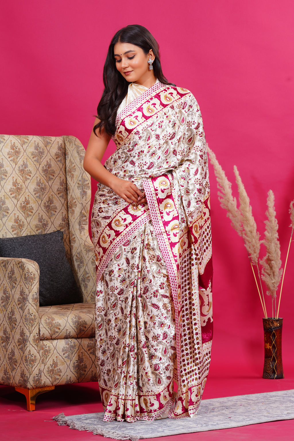 Pink Golden Floral Peacock Silk Saree