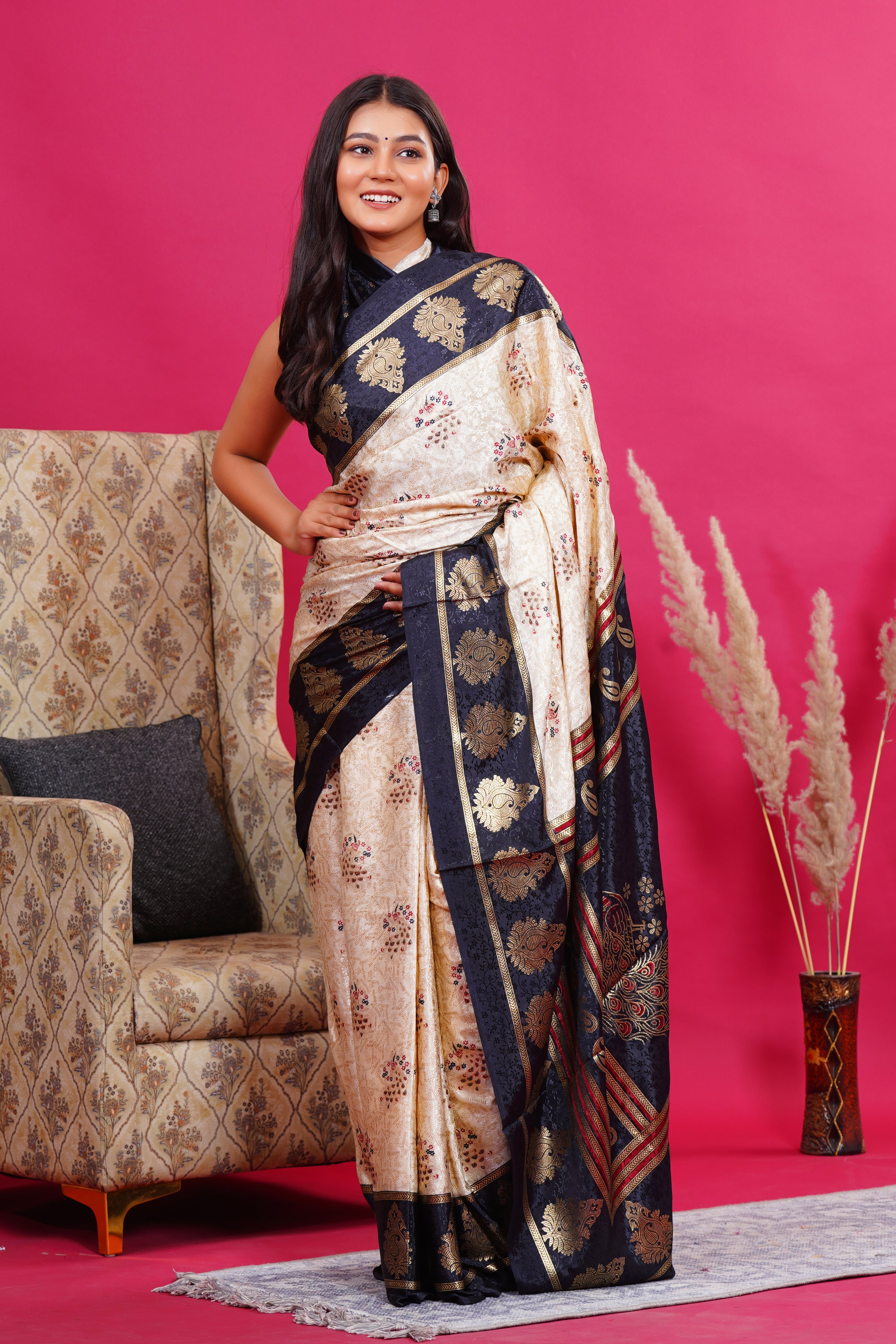 Black Golden Kalash Peacock Silk Saree