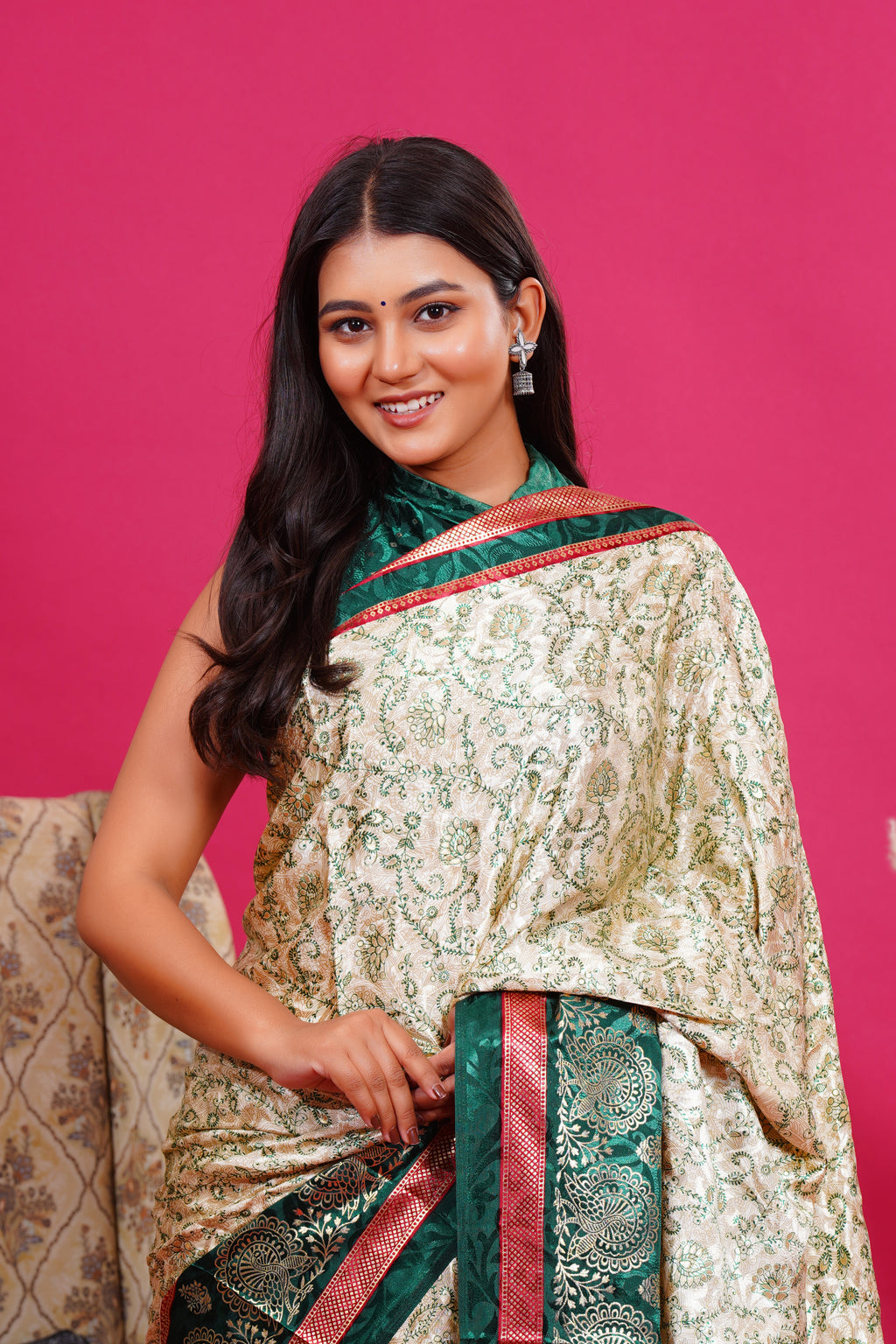 Dark Green Golden Flower Peacock Silk Saree